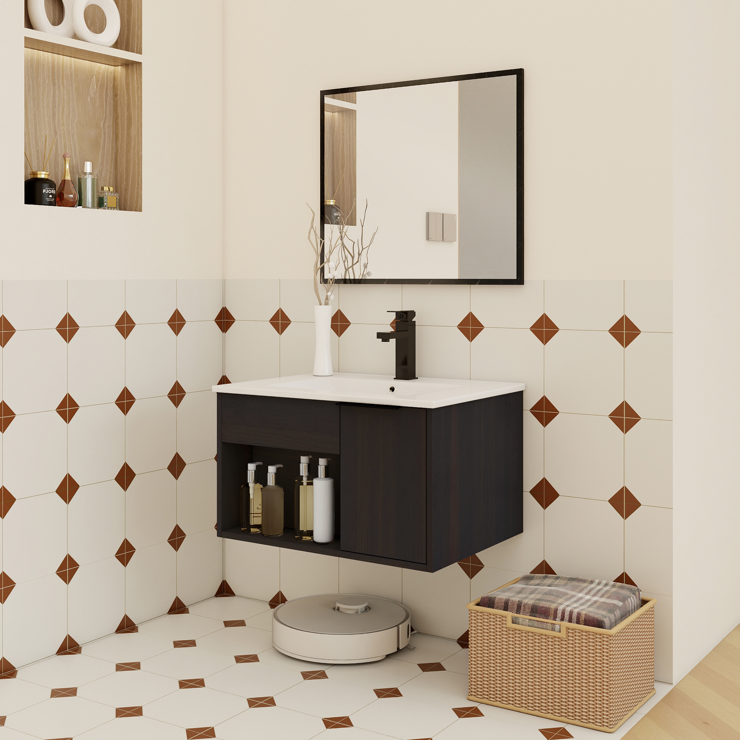 24" Wall-Mounted Floating Bathroom Vanity with Ceramic Sink - Modern Dark Oak Engineered Wood Cabinet, Space-Saving Design for Small Bathrooms