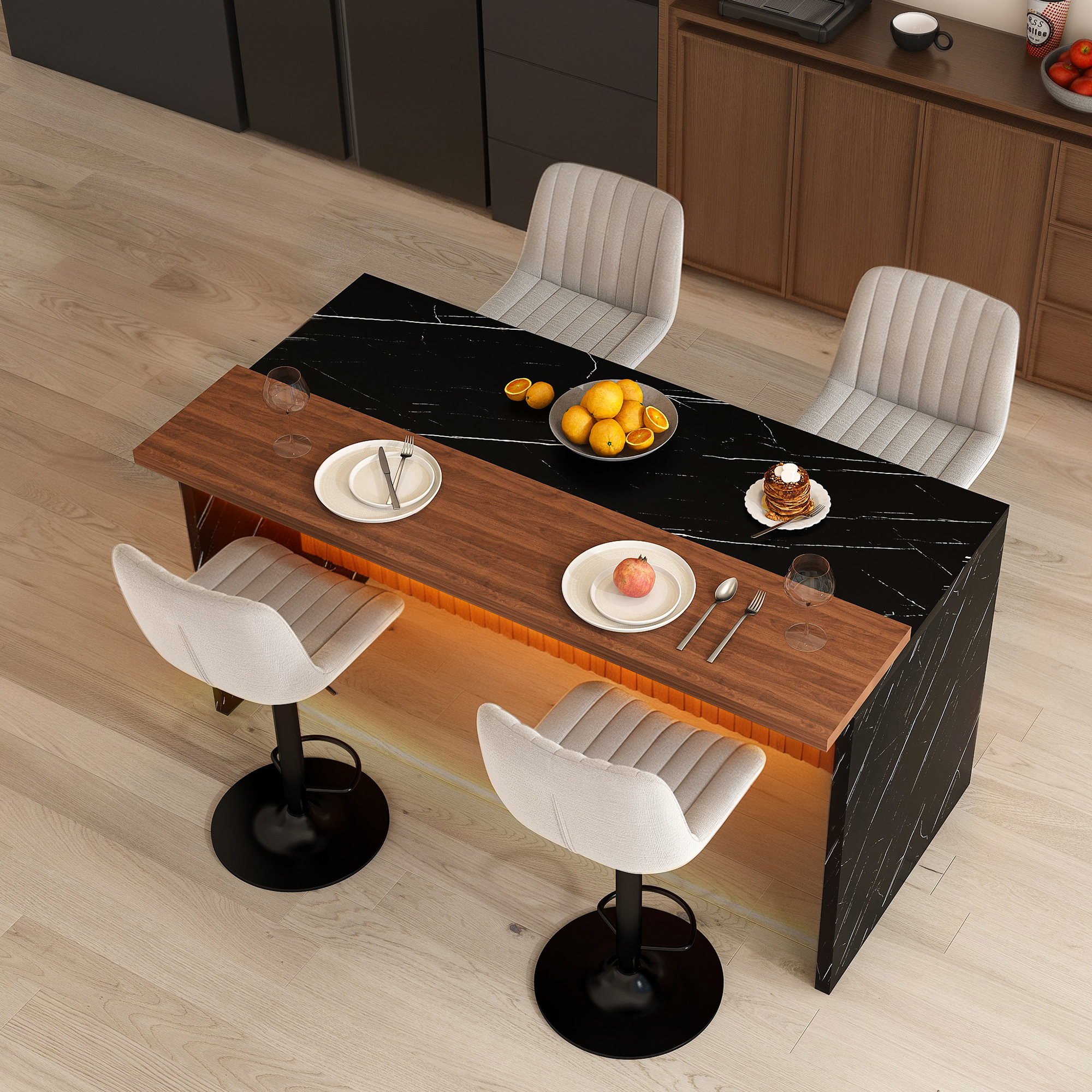 63" Modern Kitchen Island Set with LED Lighting & Marble Look - Walnut/Black Dining Table with 4 Gray Bar Stools