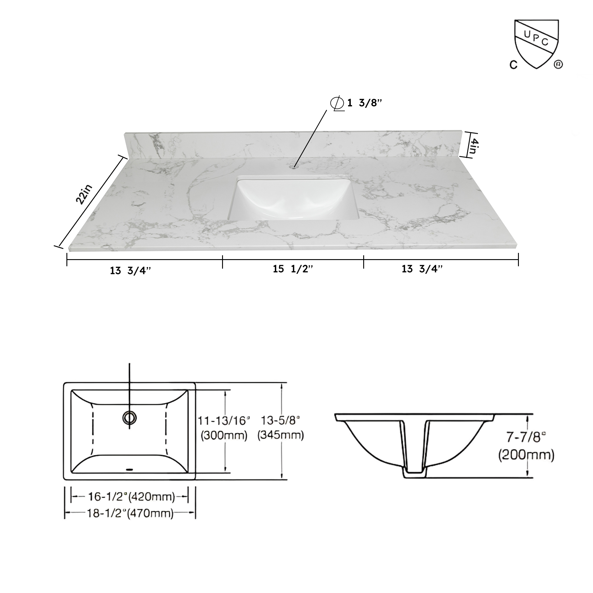 Montary 43" White Marble Bathroom Vanity Top with Undermount Sink and Backsplash - Engineered Stone Countertop for Modern Bathrooms