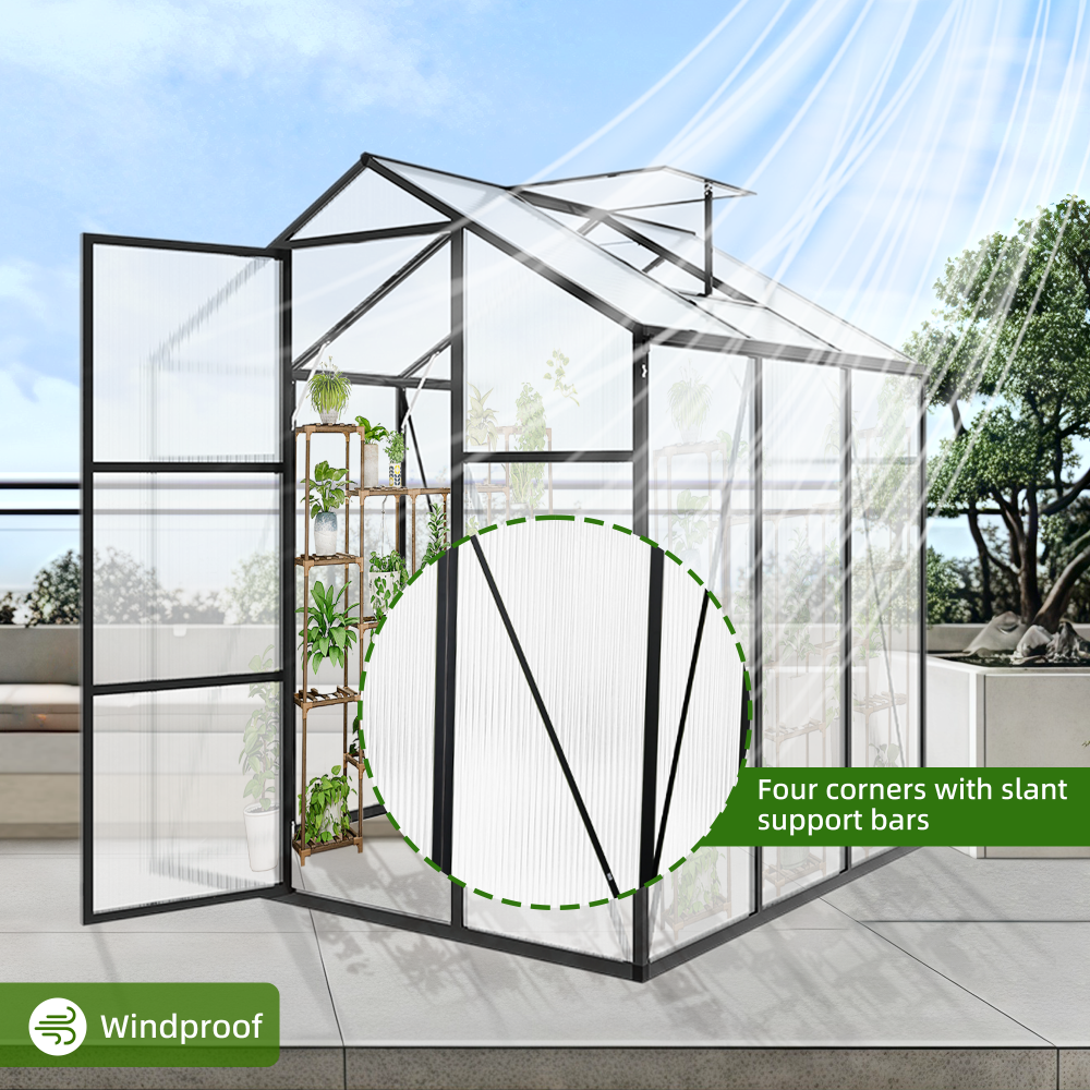 6x6FT Walk-in Outdoor Greenhouse - Heavy Duty Aluminum Frame Polycarbonate Garden House with Adjustable Vents & UV Protection for Backyard