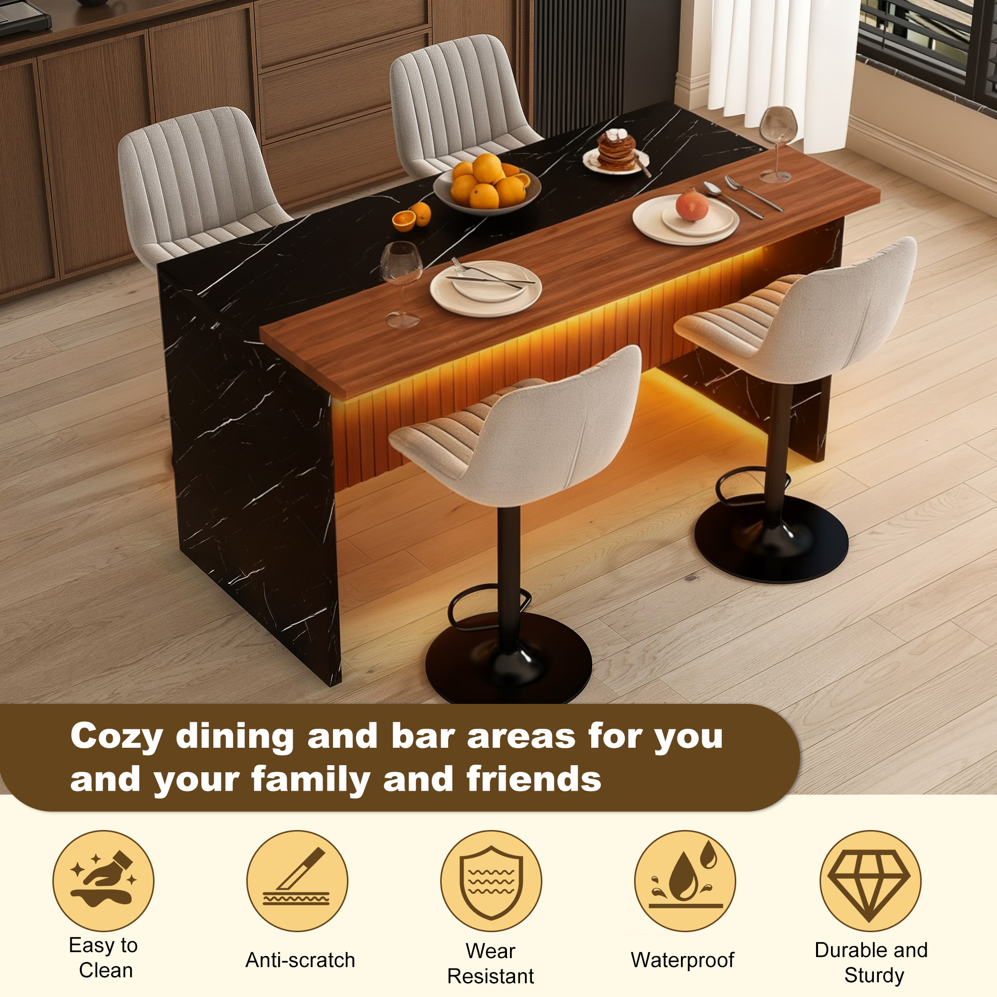 63" Modern Kitchen Island Set with LED Lighting & Marble Look - Walnut/Black Dining Table with 4 Gray Bar Stools