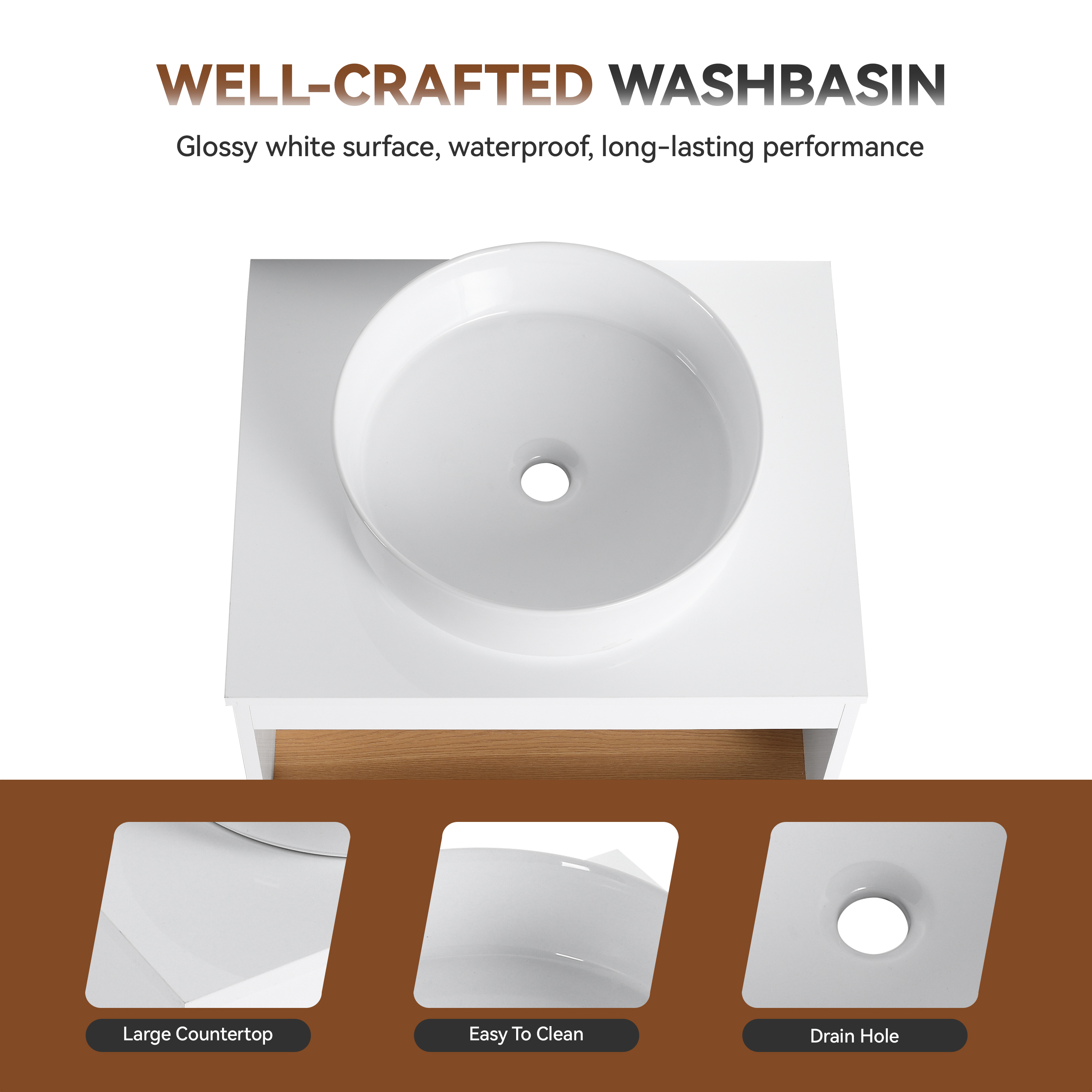 24" Modern Floating Bathroom Vanity with Glossy White Vessel Sink - Wall-Mounted Open Shelf Storage, Space-Saving Plywood Cabinet for Small Powder Rooms