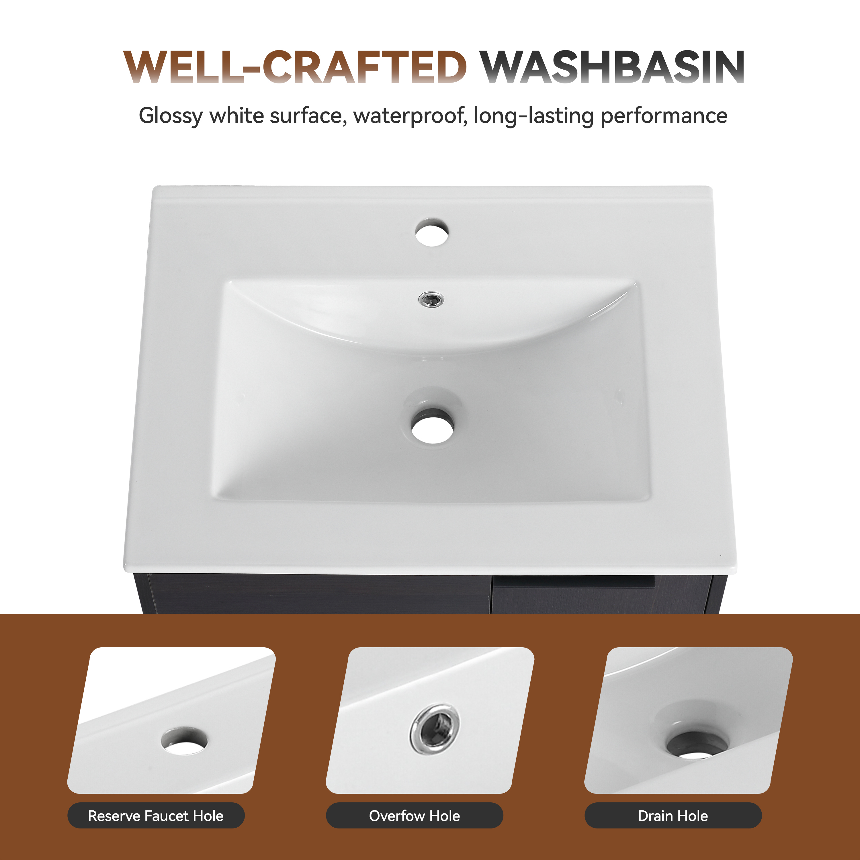 24" Wall-Mounted Floating Bathroom Vanity with Ceramic Sink - Modern Dark Oak Engineered Wood Cabinet, Space-Saving Design for Small Bathrooms
