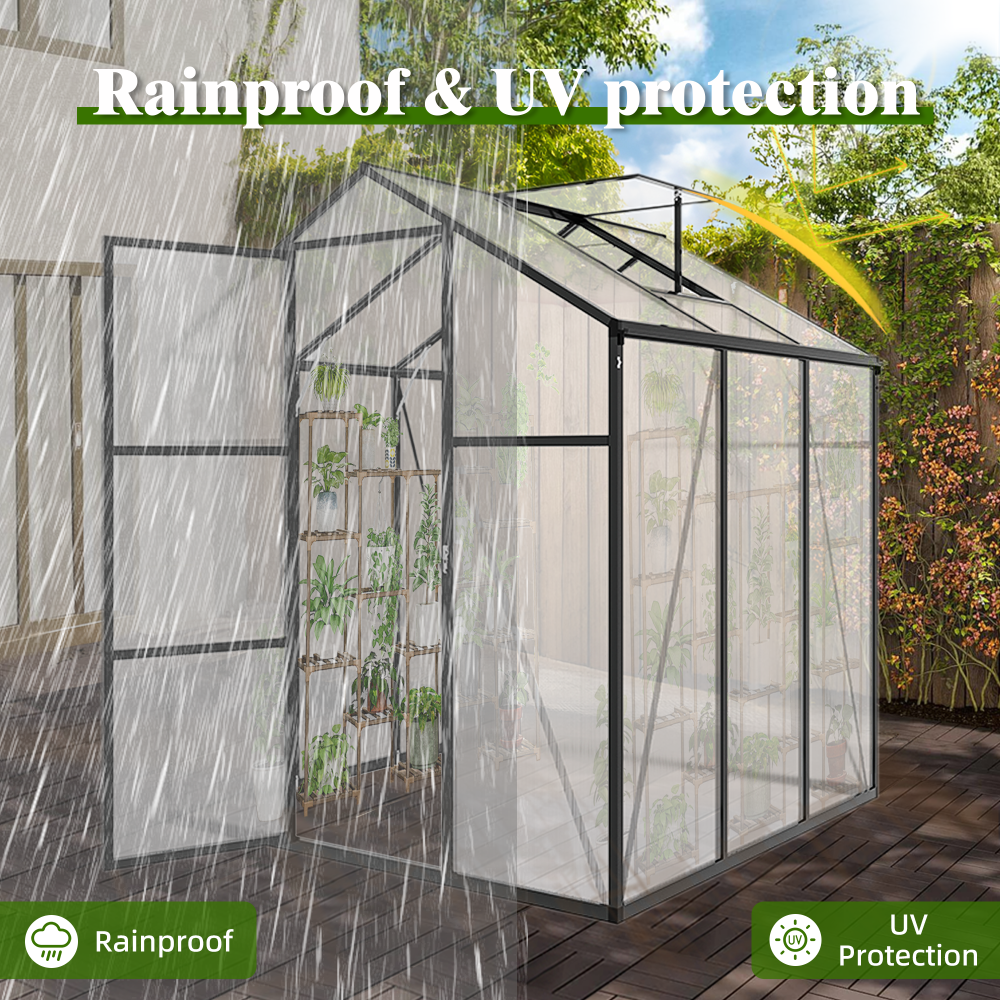 6x6FT Walk-in Outdoor Greenhouse - Heavy Duty Aluminum Frame Polycarbonate Garden House with Adjustable Vents & UV Protection for Backyard