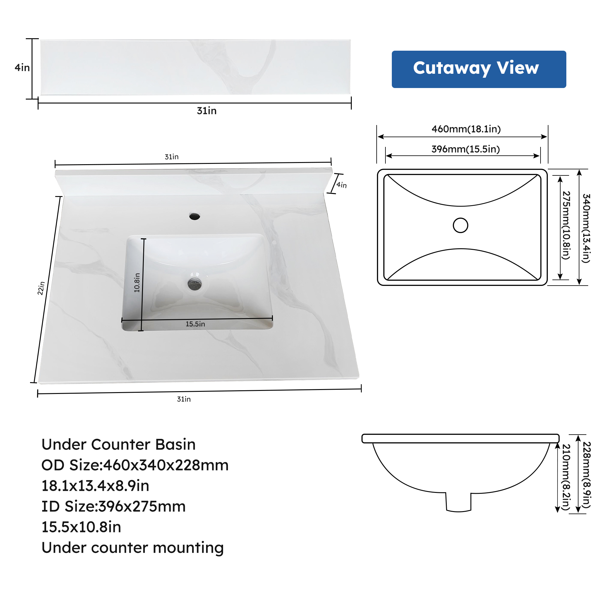 31-Inch Carrara White Quartz Bathroom Vanity Top with Undermount Sink, Pre-Drilled Faucet Hole & 4" Backsplash