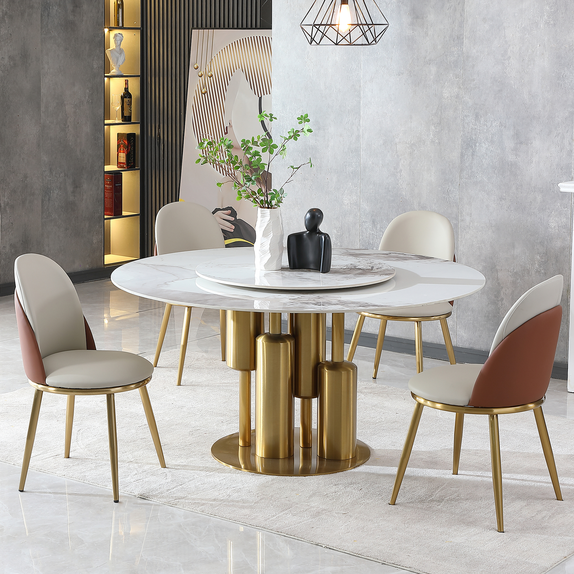59" Round Sintered Stone Dining Table Set with Lazy Susan, Luxury Gold Pedestal Base & 4 Modern Chairs