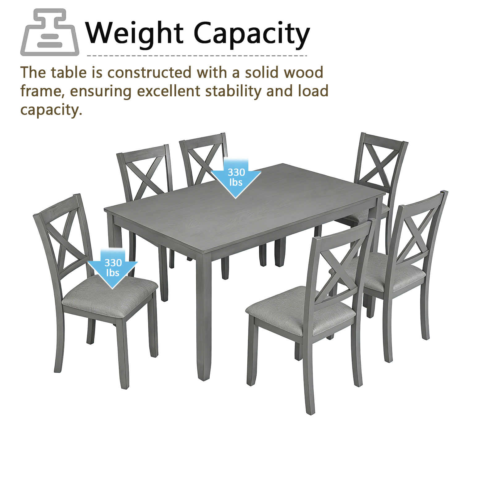 7-Piece Solid Wood Dining Set, Modern Grey Kitchen Table with 6 Upholstered X-Back Chairs