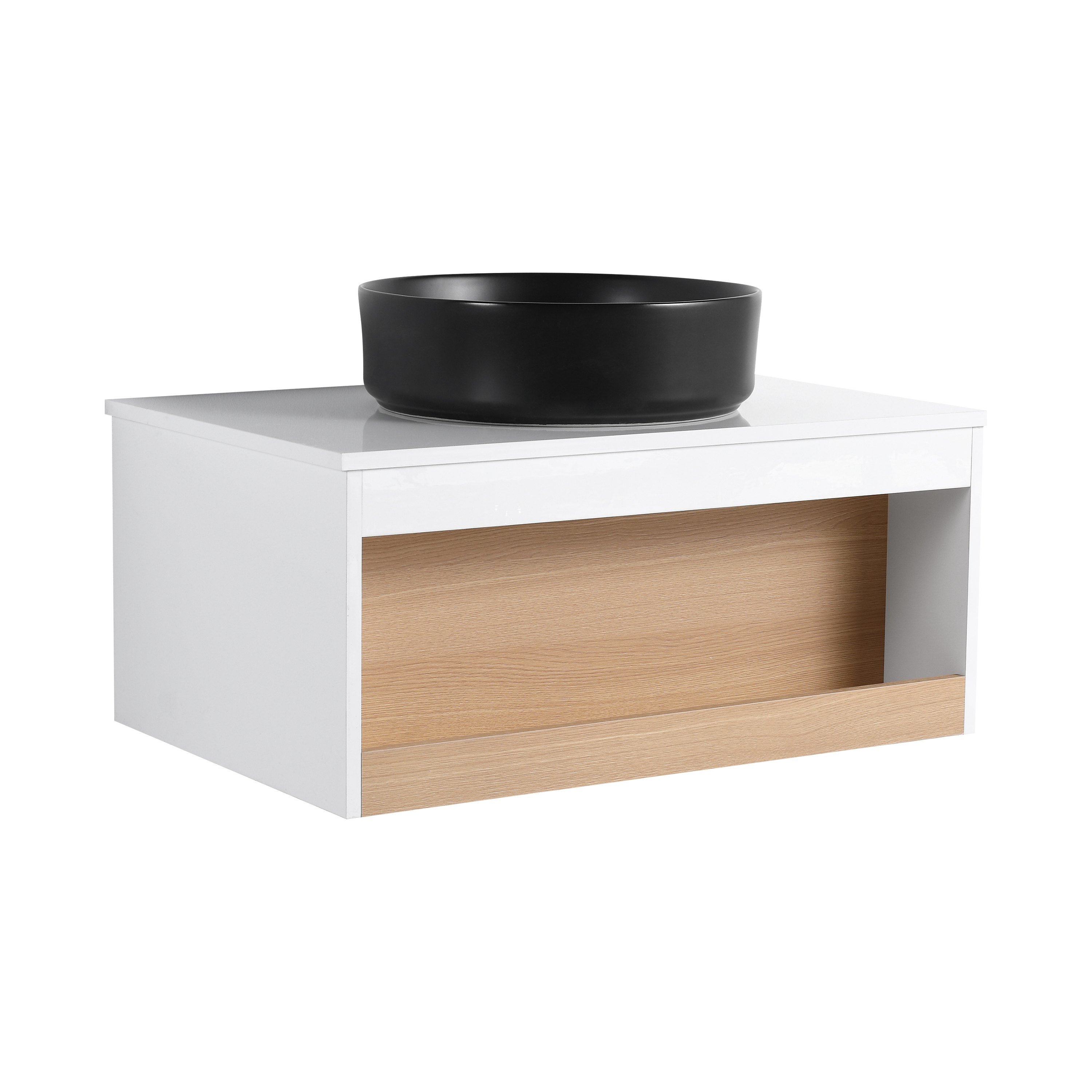 30" Modern Floating Bathroom Vanity with Matte Black Round Vessel Sink, White & Light Oak Wall-Mounted Cabinet with Open Storage