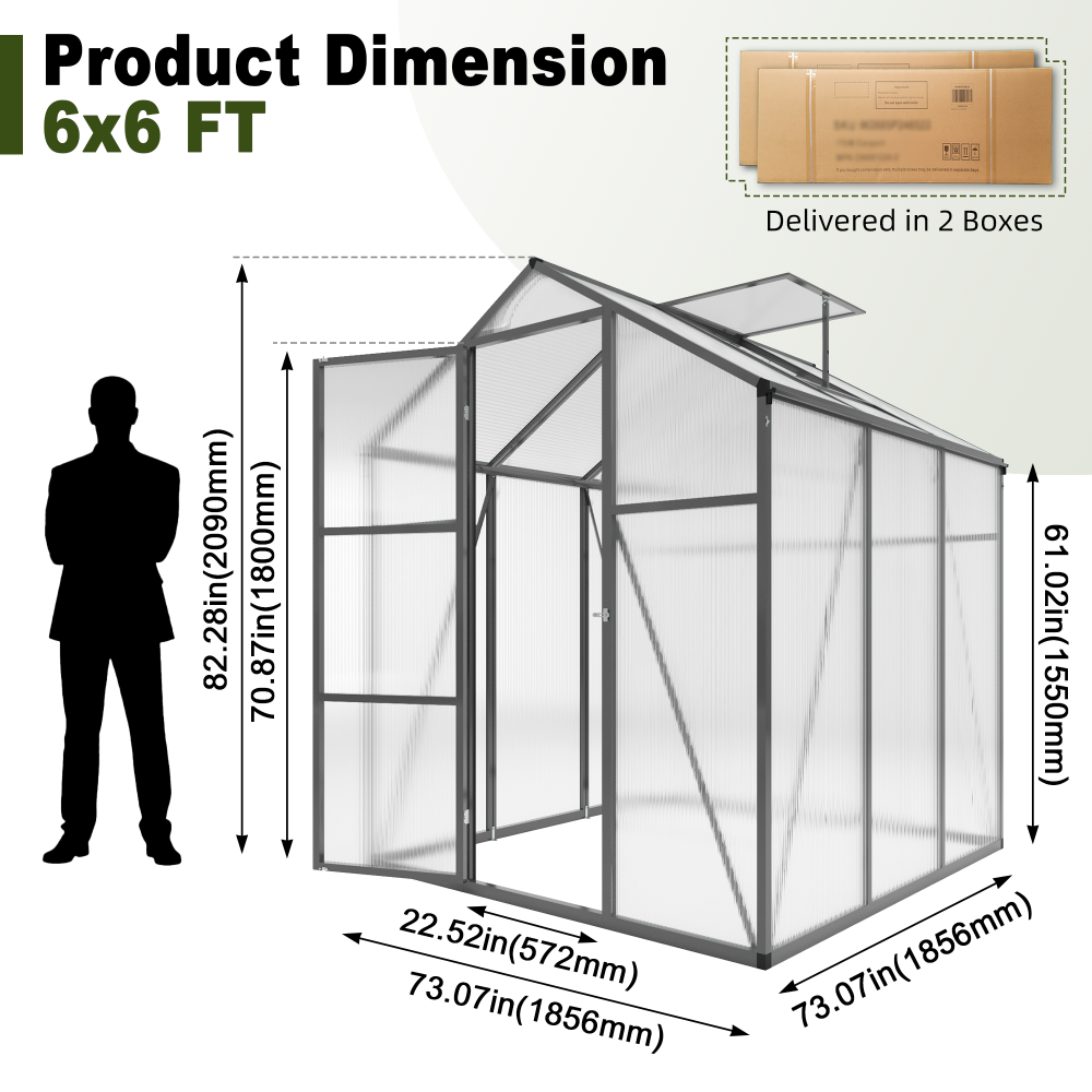 6x6FT Walk-in Outdoor Greenhouse - Heavy Duty Aluminum Frame Polycarbonate Garden House with Adjustable Vents & UV Protection for Backyard