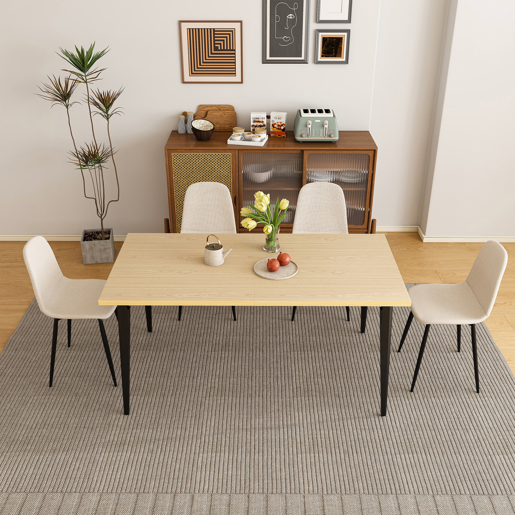 63-Inch Farmhouse Industrial Dining Table Set with 4 Beige Chairs, Rust-Resistant Iron Legs & Rectangular Kitchen Table for Dining Room