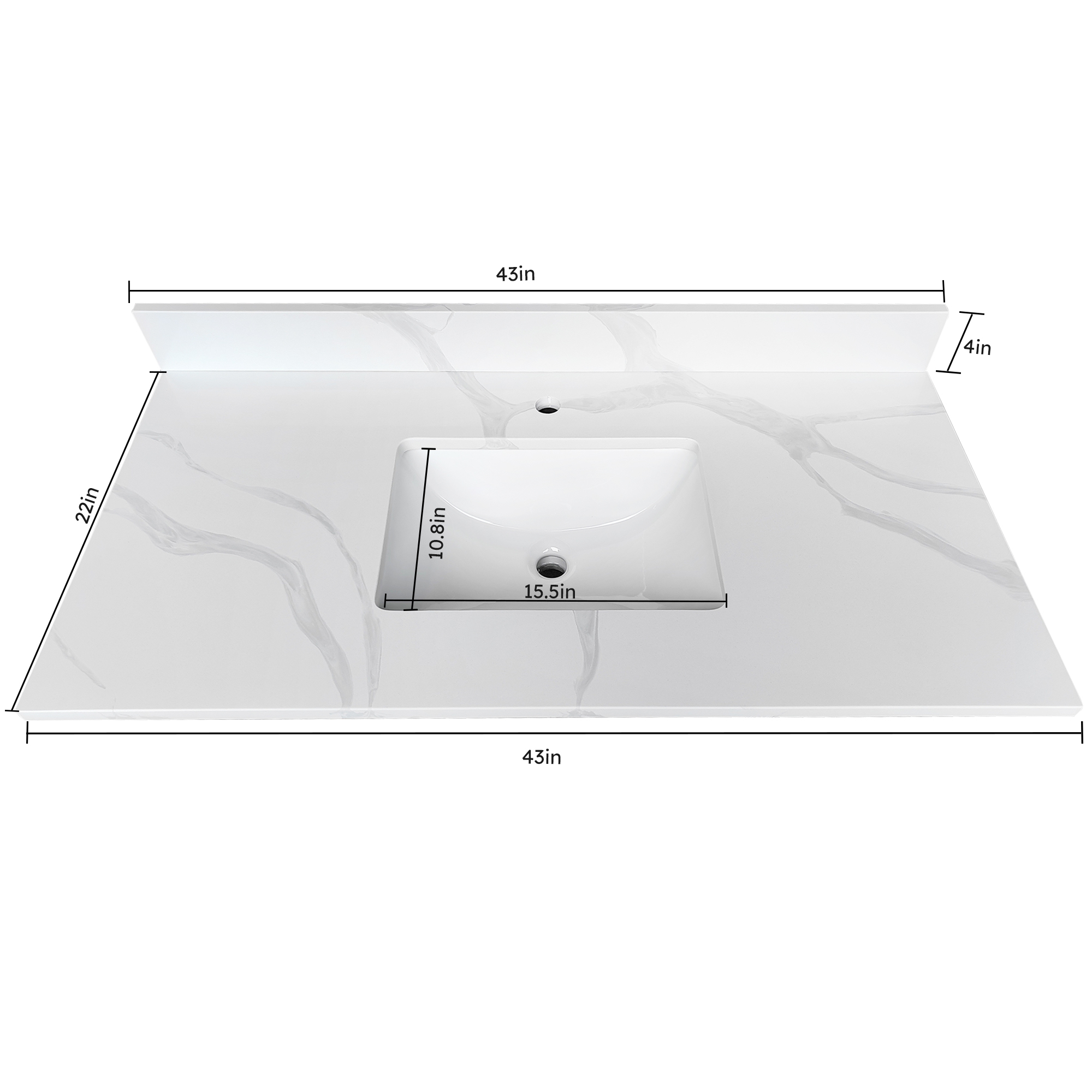 43" Carrara White Quartz Bathroom Vanity Top with Undermount Sink, 4" Backsplash & Pre-Drilled Faucet Hole