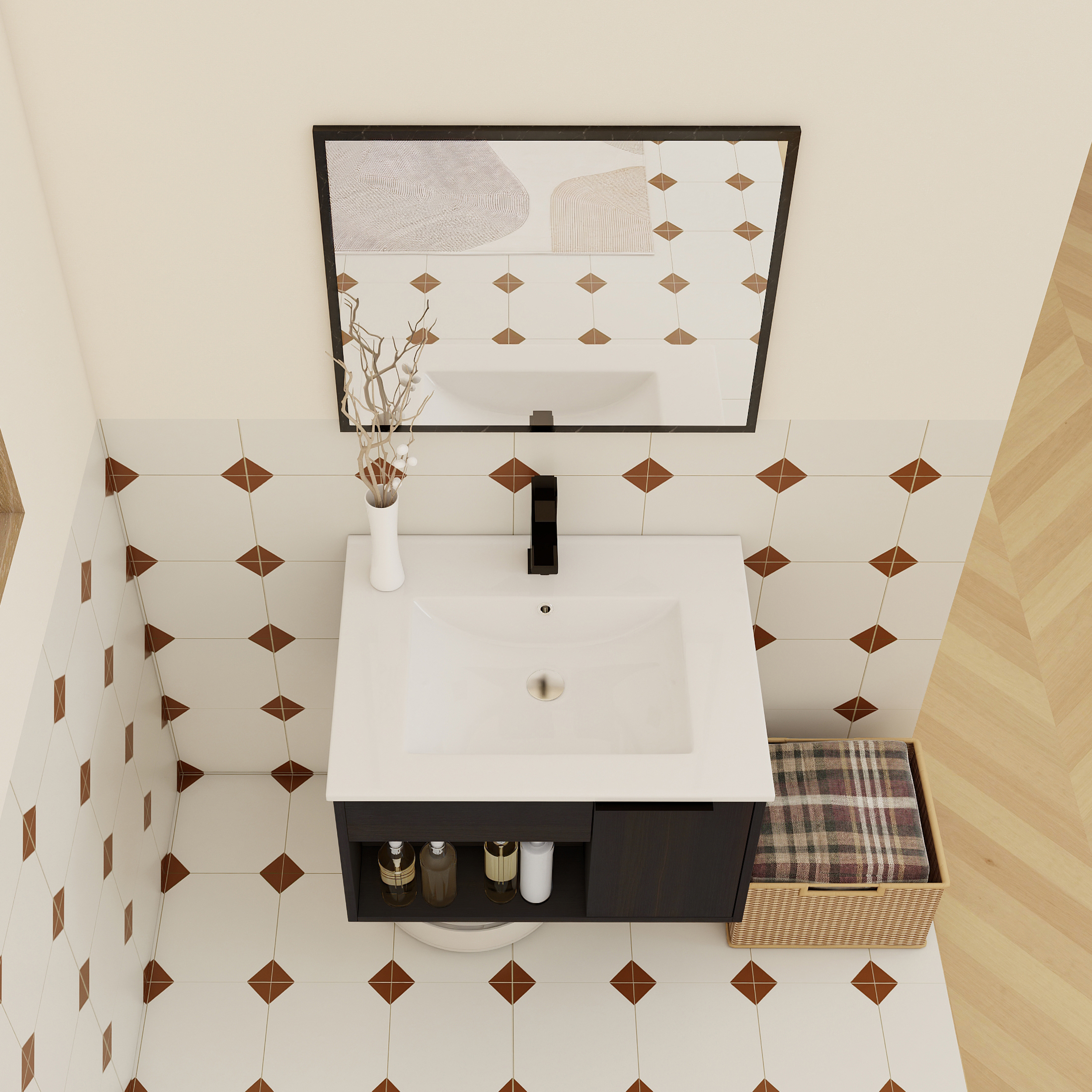 24" Wall-Mounted Floating Bathroom Vanity with Ceramic Sink - Modern Dark Oak Engineered Wood Cabinet, Space-Saving Design for Small Bathrooms