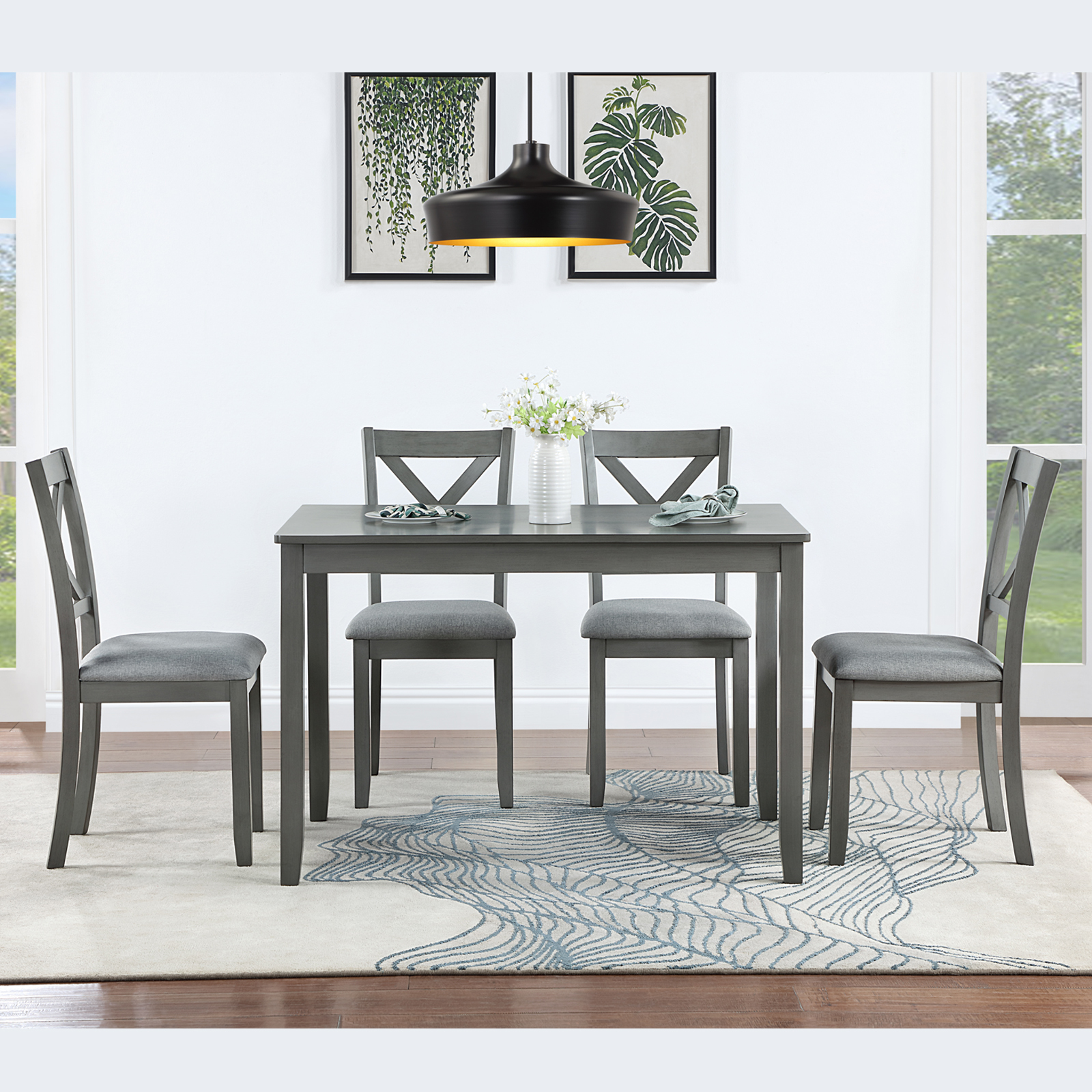5-Piece Gray Acacia Wood Dining Set for 4 - Modern Rectangular Kitchen Table & Chairs