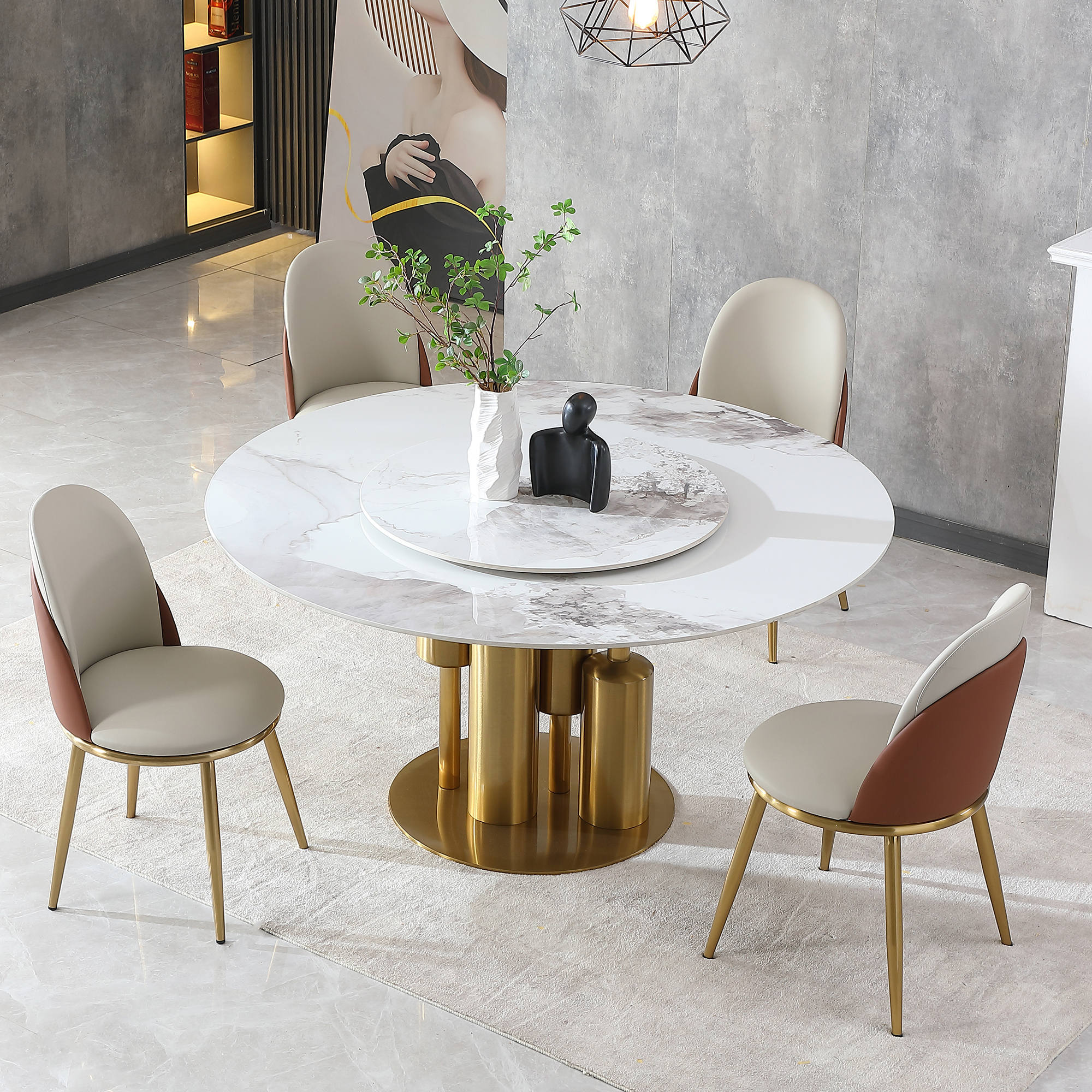 59" Round Sintered Stone Dining Table Set with Lazy Susan, Luxury Gold Pedestal Base & 4 Modern Chairs