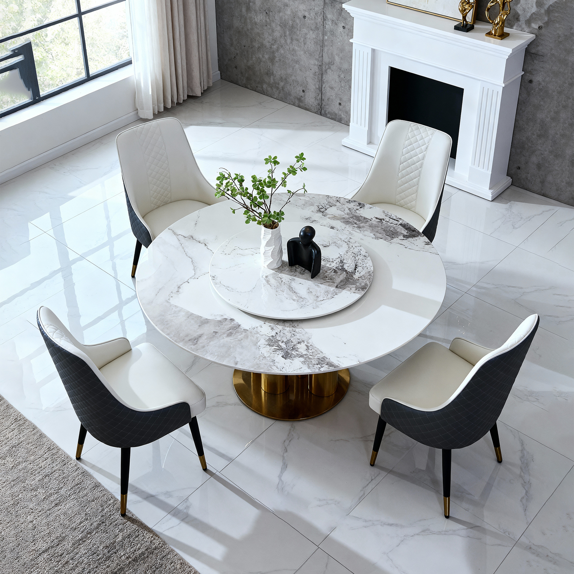 59" Round Dining Table Set with 360° Rotating Lazy Susan, Sintered Stone Top & Gold Base, Modern Luxury Kitchen Furniture for 4-6 People