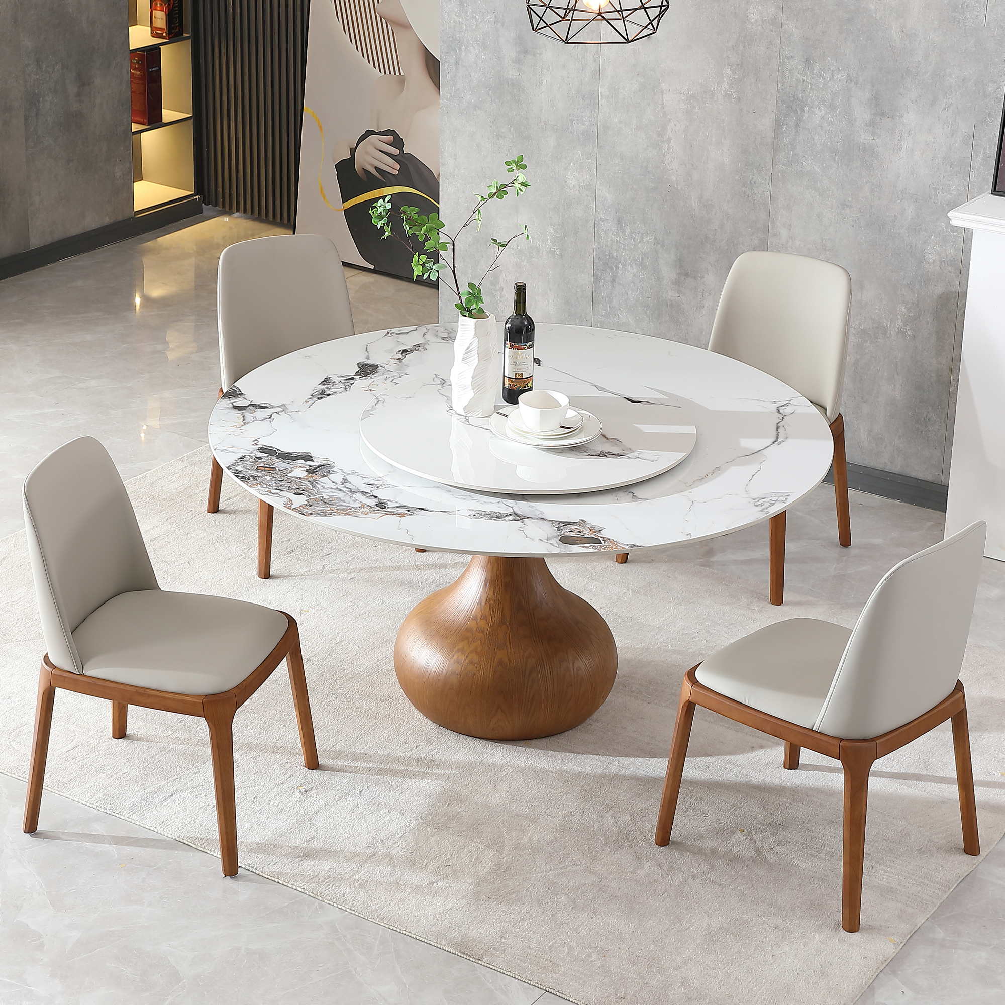 59" Round Sintered Stone Dining Table Set with Lazy Susan, Modern Marble Kitchen Table & 4 Upholstered Chairs, Luxury Pedestal Base for Small Spaces