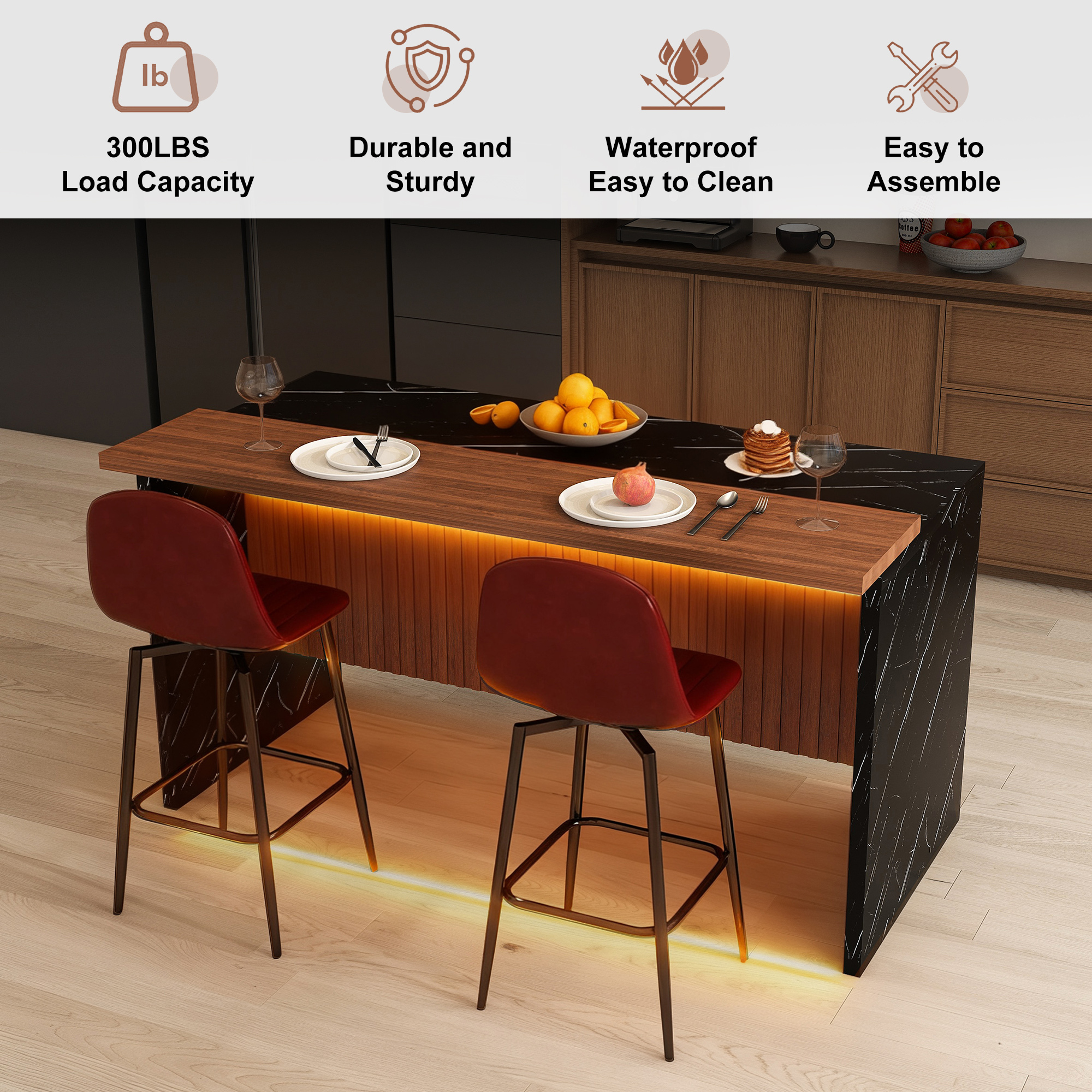 63-Inch Modern Kitchen Island Set with LED Lighting & 2 Bar Stools - Black Marble Look Dining Table for Open Concept Spaces