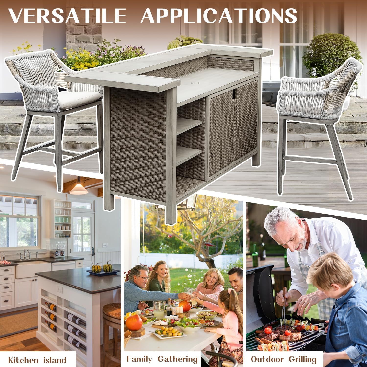 3-Piece Outdoor Bar Set with Propane Tank Holder, All-Weather Wicker Patio Bar Table & 2 Counter Height Stools, Gray Aluminum Farmhouse Kitchen Island for Garden and Deck