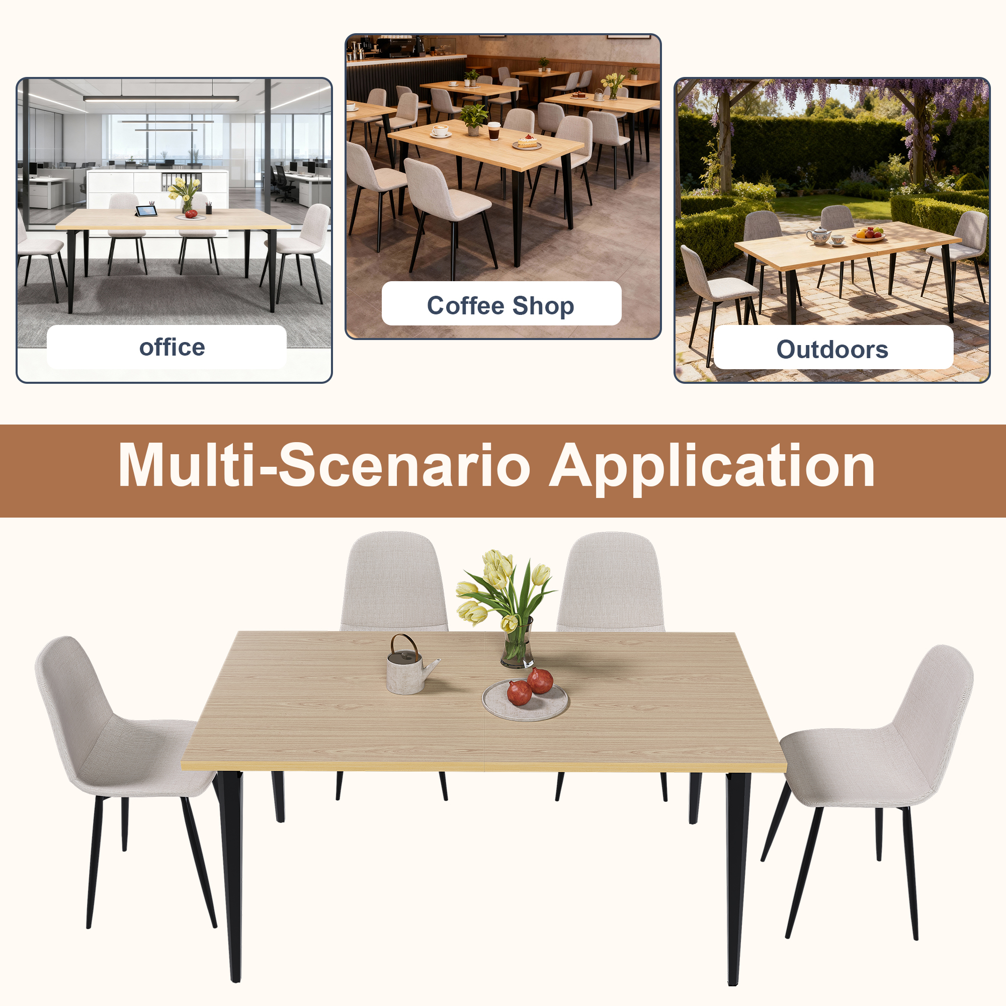 63-Inch Farmhouse Industrial Dining Table Set with 4 Beige Chairs, Rust-Resistant Iron Legs & Rectangular Kitchen Table for Dining Room