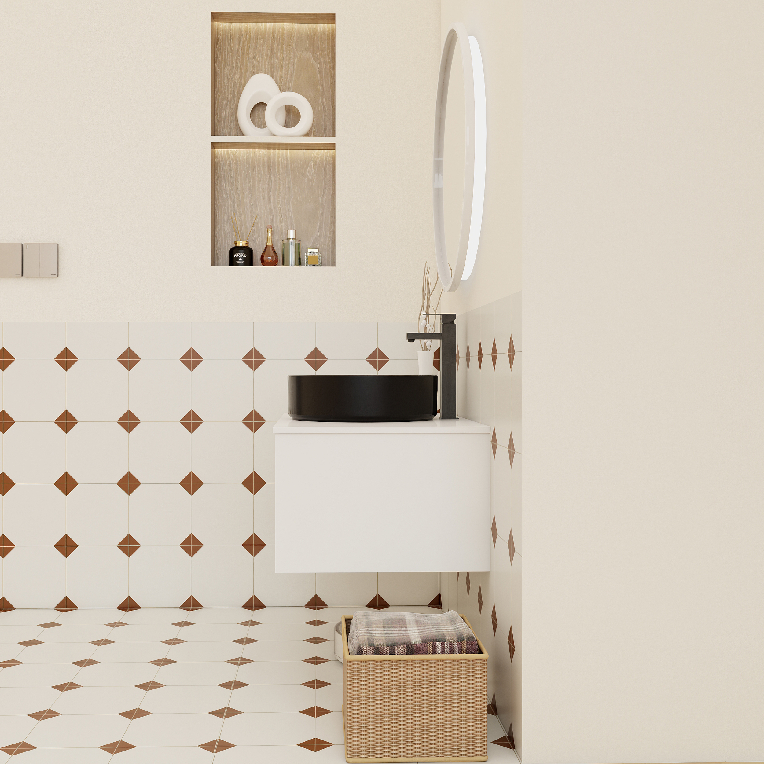 30" Modern Floating Bathroom Vanity with Matte Black Round Vessel Sink, White & Light Oak Wall-Mounted Cabinet with Open Storage