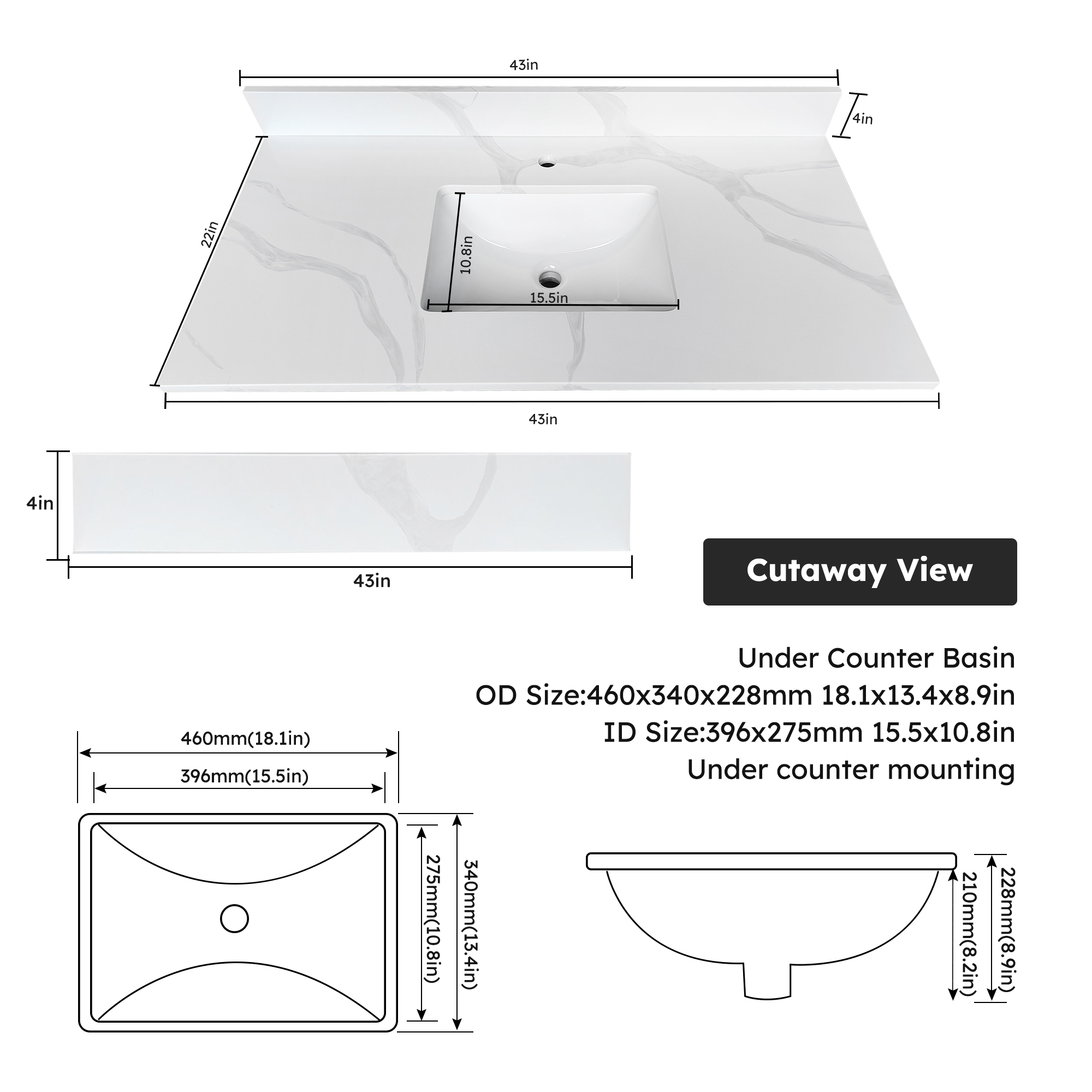 43" Carrara White Quartz Bathroom Vanity Top with Undermount Sink, 4" Backsplash & Pre-Drilled Faucet Hole