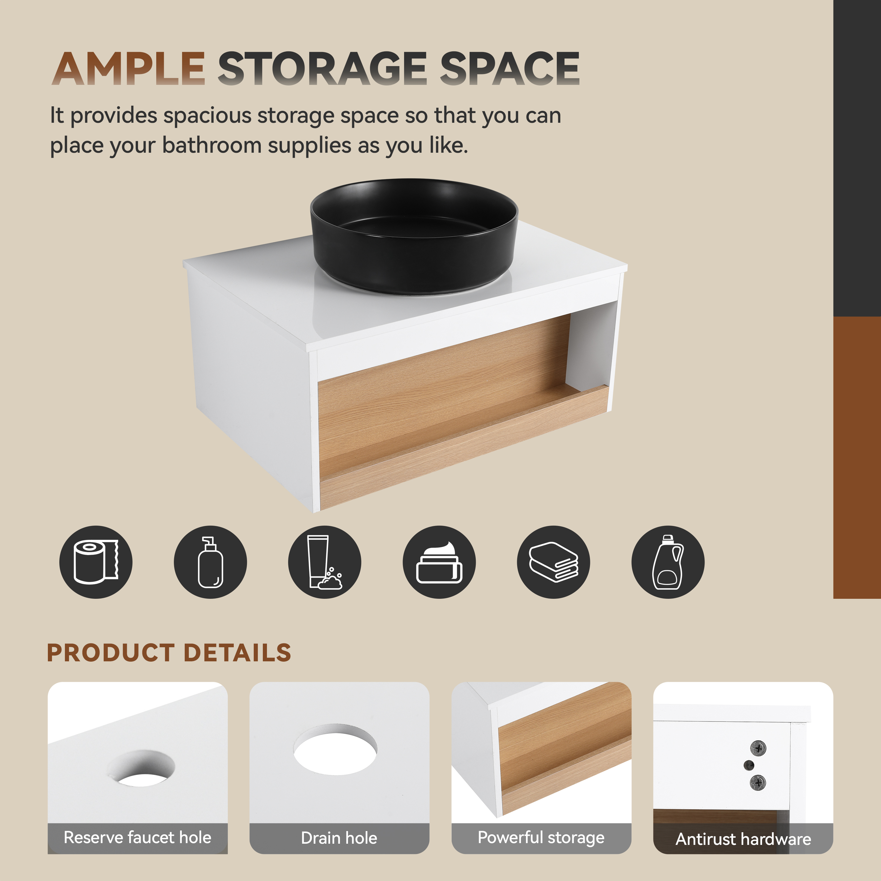 30" Modern Floating Bathroom Vanity with Matte Black Round Vessel Sink, White & Light Oak Wall-Mounted Cabinet with Open Storage
