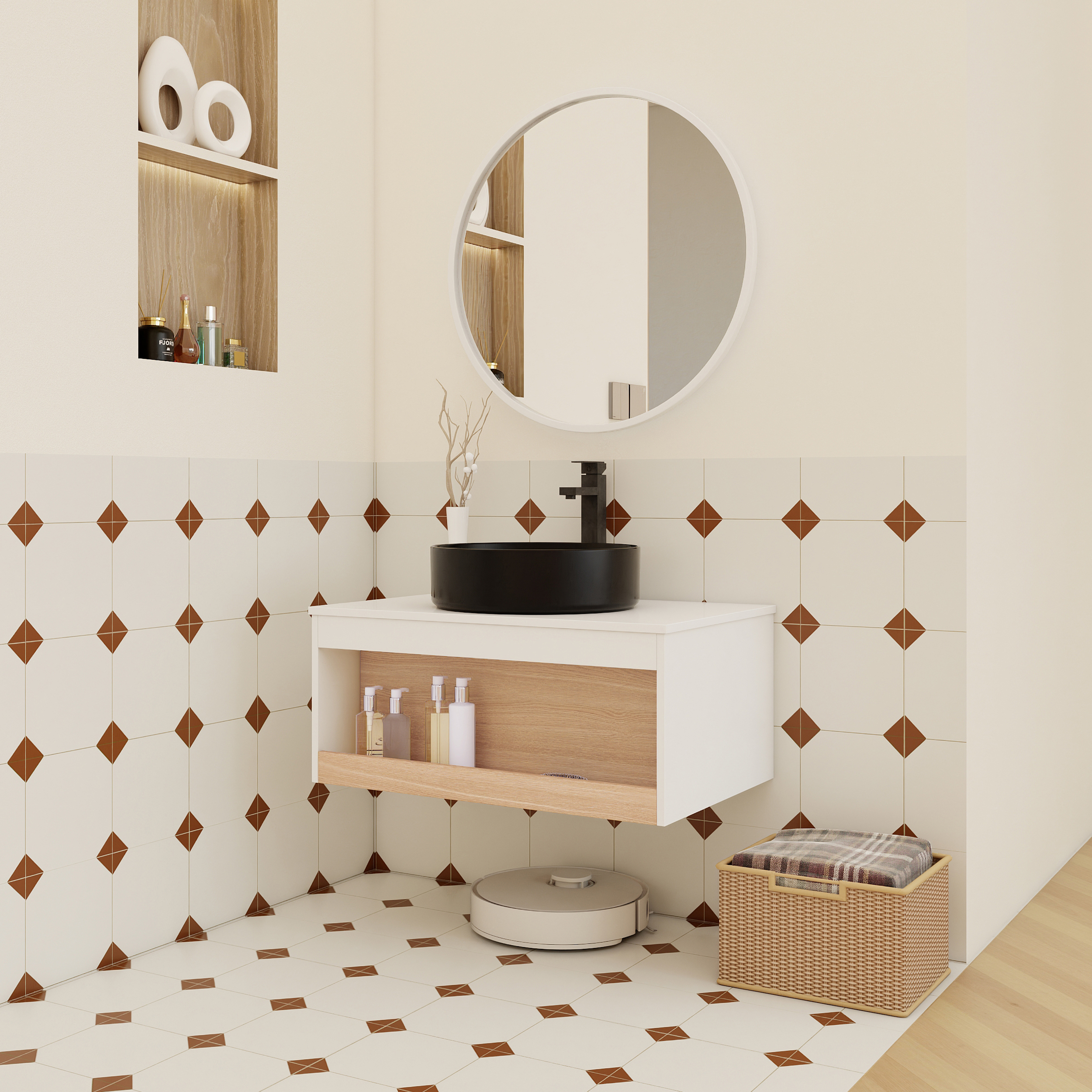 30" Modern Floating Bathroom Vanity with Matte Black Round Vessel Sink, White & Light Oak Wall-Mounted Cabinet with Open Storage