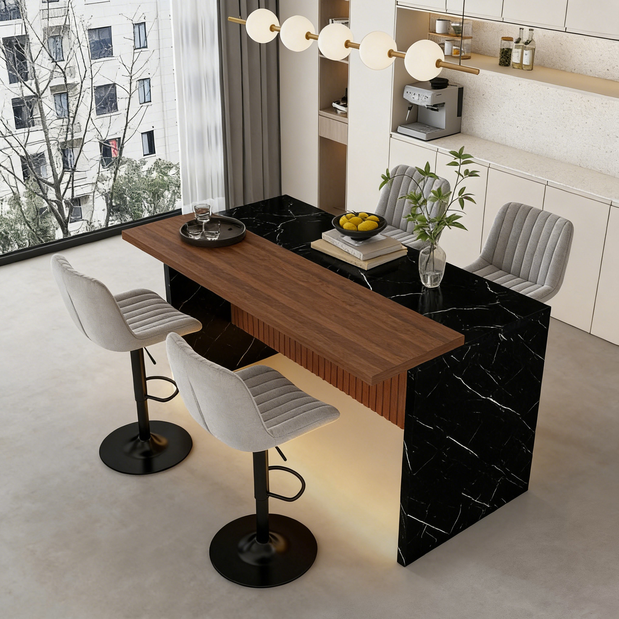 63" Modern Kitchen Island Set with LED Lighting & Marble Look - Walnut/Black Dining Table with 4 Gray Bar Stools