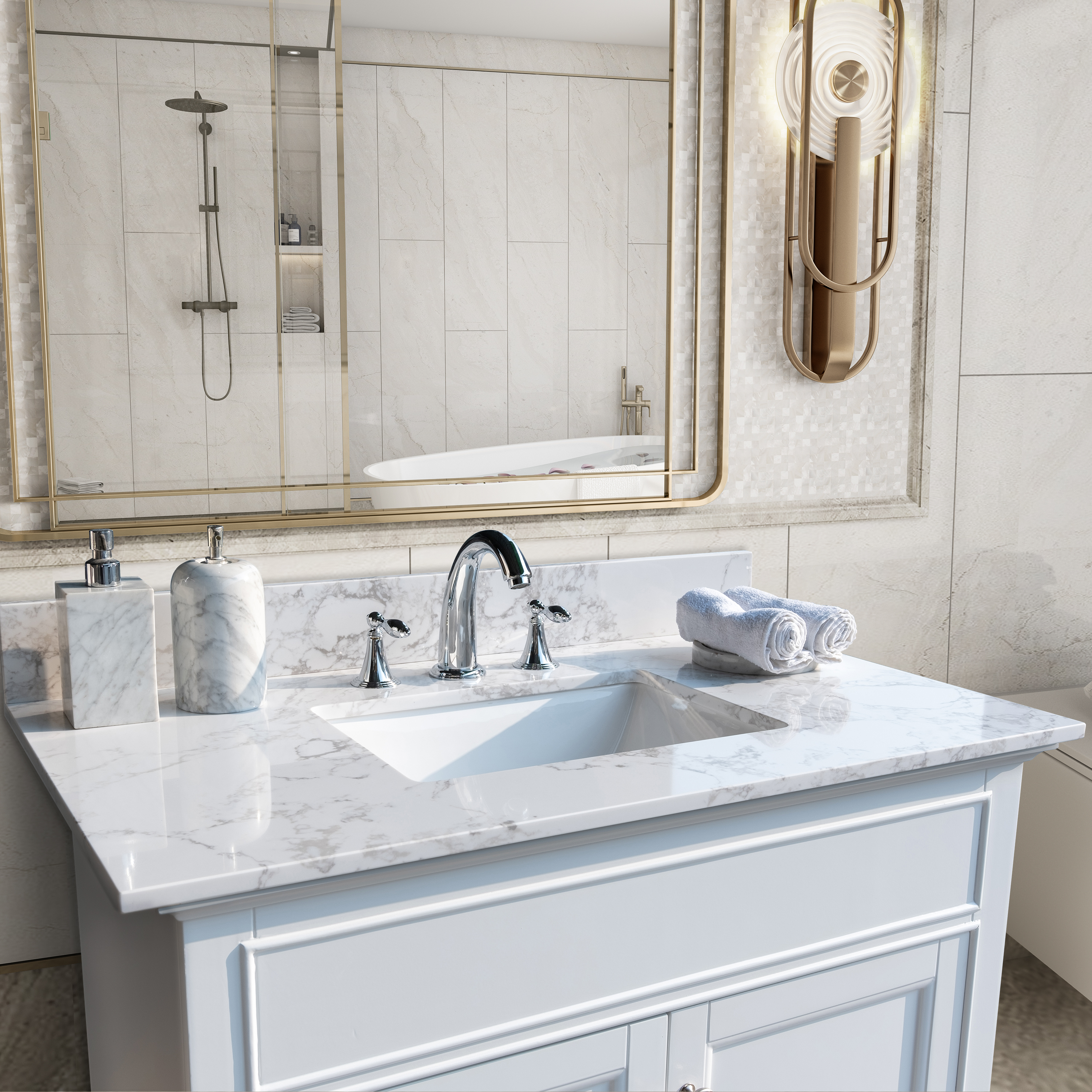 Montary 37" Carrara White Engineered Stone Bathroom Vanity Top with Undermount Sink and Backsplash