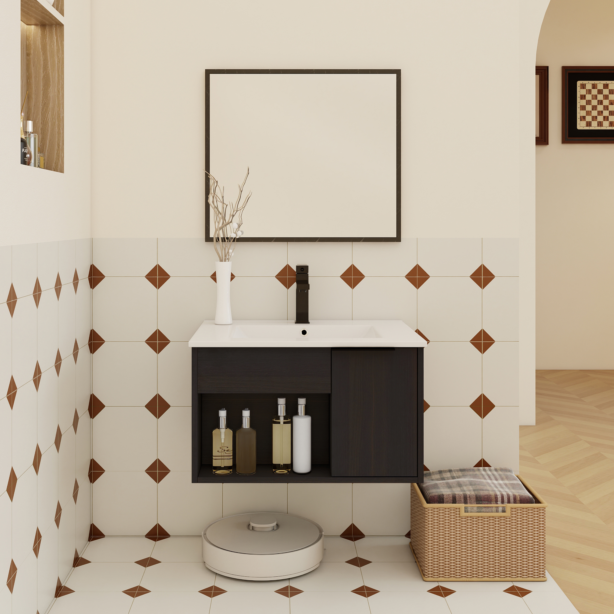 24" Wall-Mounted Floating Bathroom Vanity with Ceramic Sink - Modern Dark Oak Engineered Wood Cabinet, Space-Saving Design for Small Bathrooms