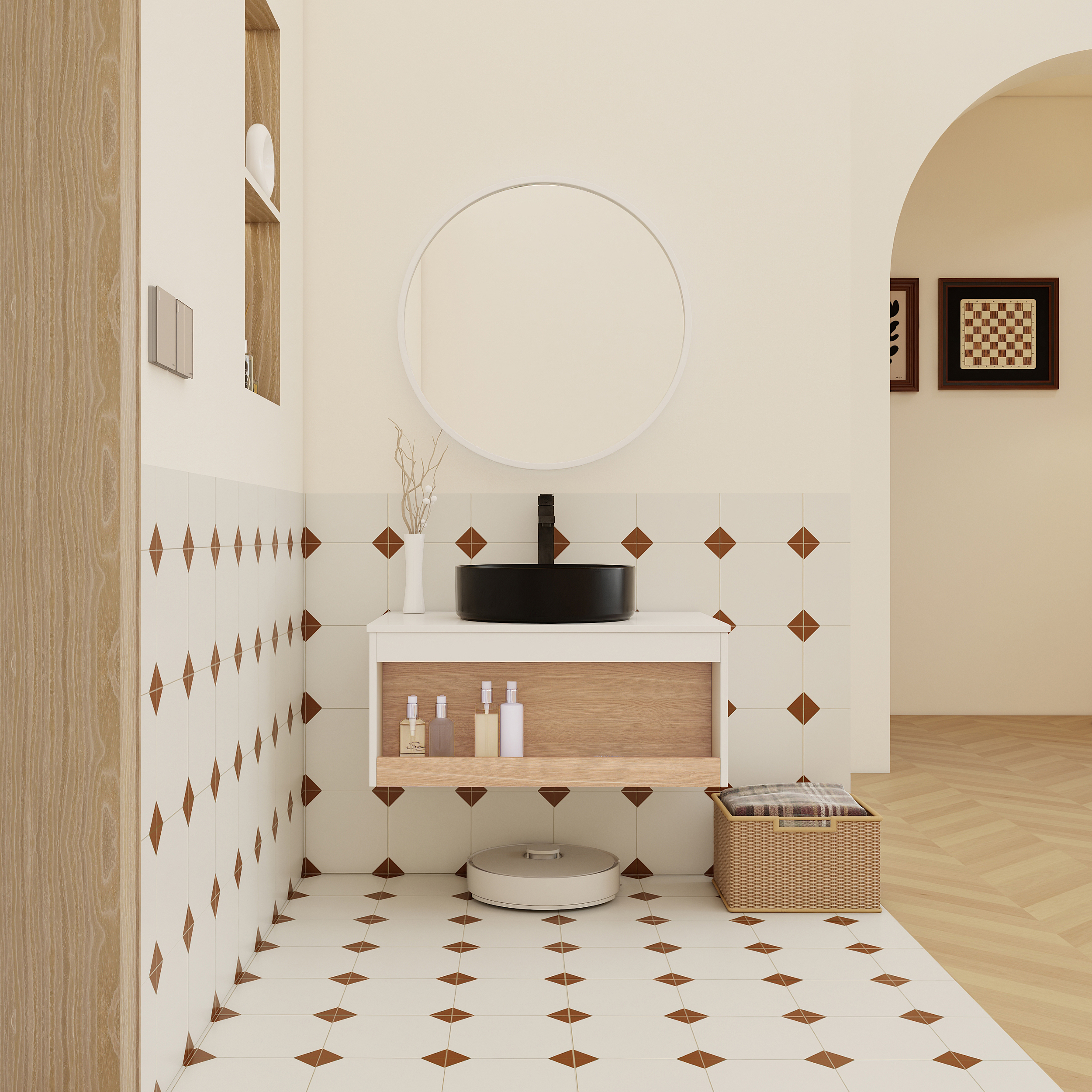30" Modern Floating Bathroom Vanity with Matte Black Round Vessel Sink, White & Light Oak Wall-Mounted Cabinet with Open Storage
