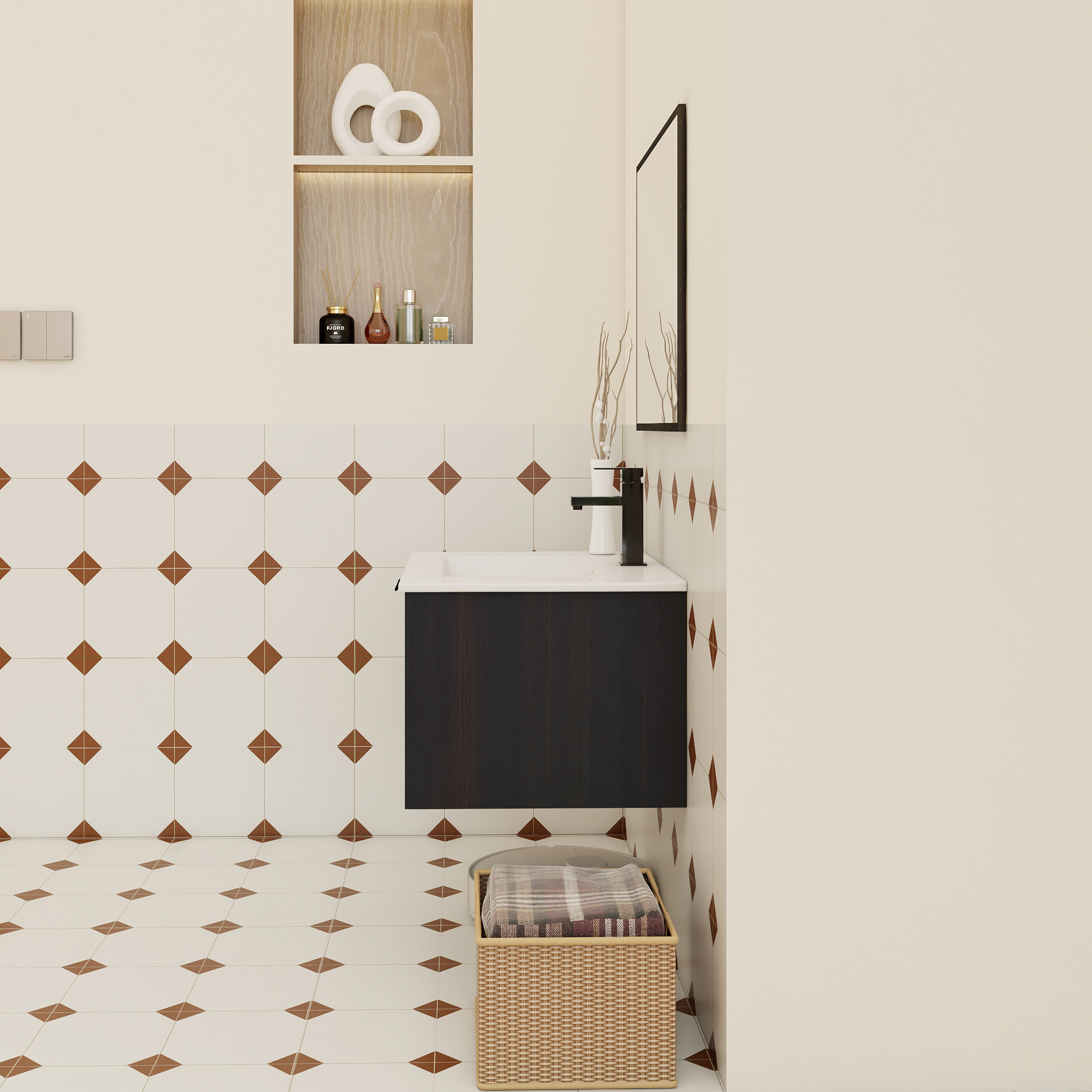 24" Wall-Mounted Floating Bathroom Vanity with Ceramic Sink - Modern Dark Oak Engineered Wood Cabinet, Space-Saving Design for Small Bathrooms