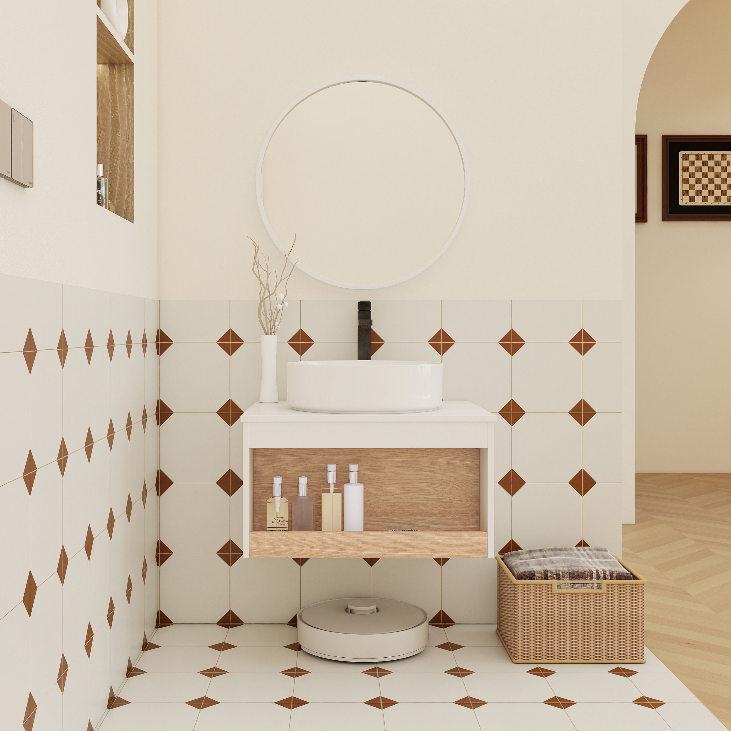 24" Modern Floating Bathroom Vanity with Glossy White Vessel Sink - Wall-Mounted Open Shelf Storage, Space-Saving Plywood Cabinet for Small Powder Rooms