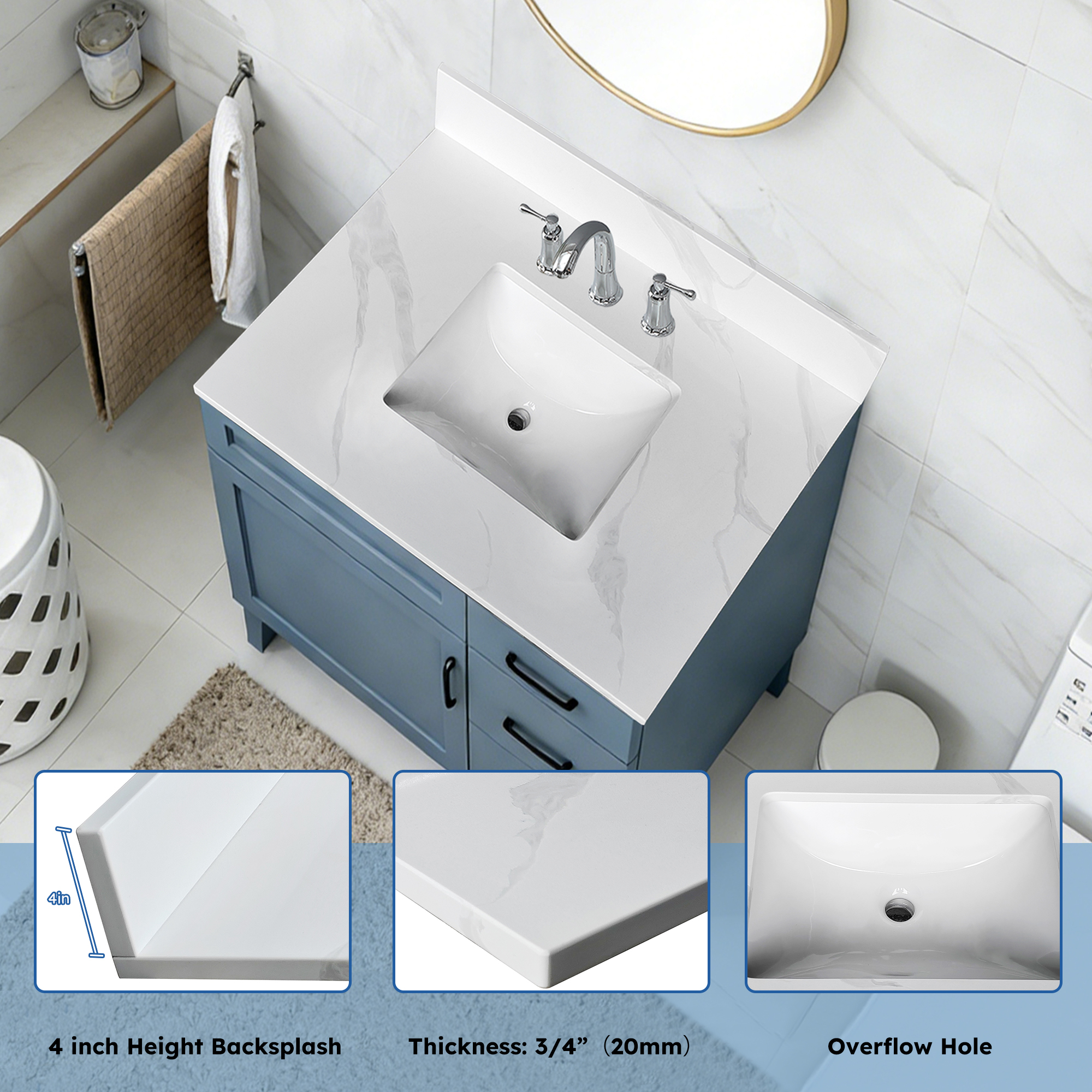 31-Inch Carrara White Quartz Bathroom Vanity Top with Undermount Sink, Pre-Drilled Faucet Holes & Backsplash