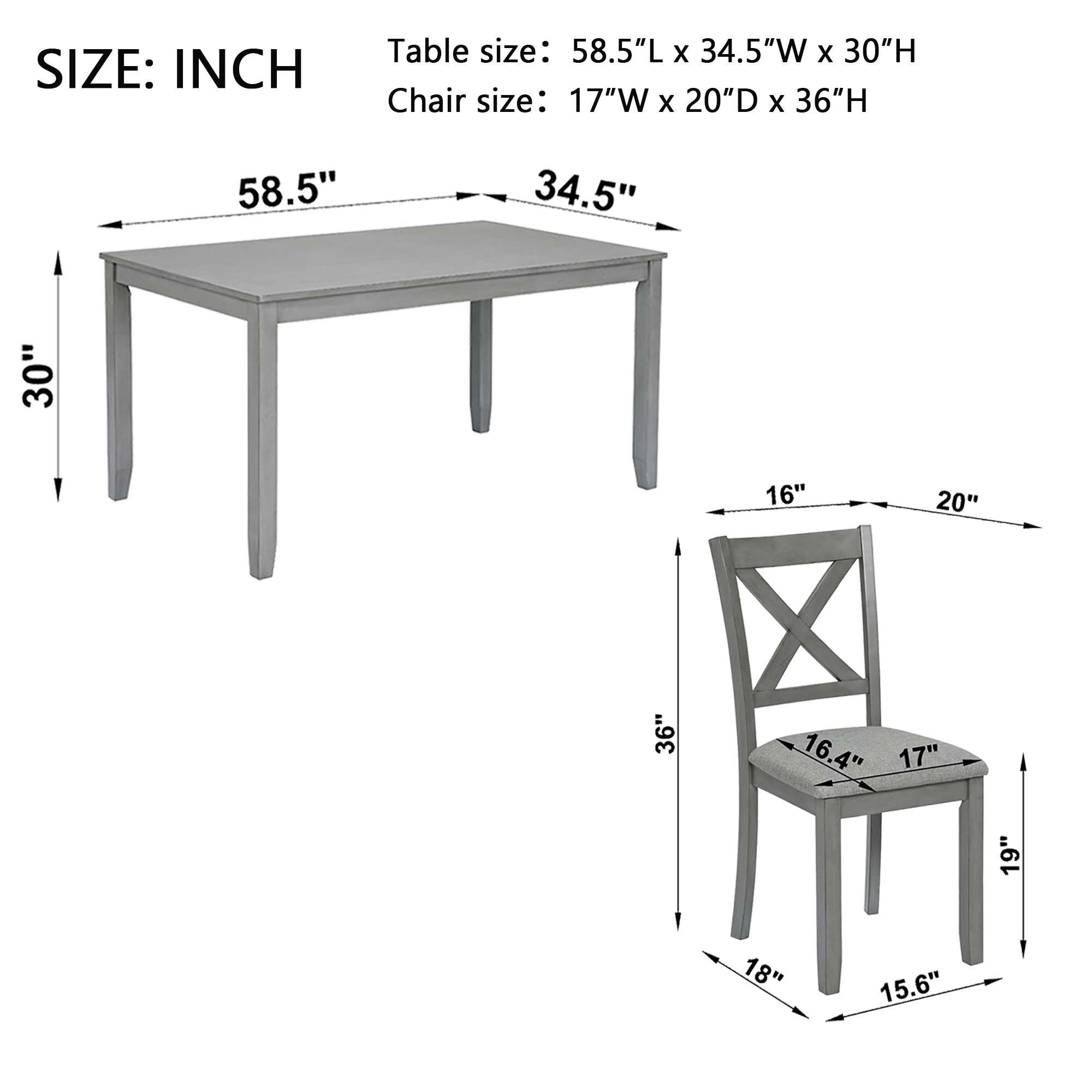 7-Piece Solid Wood Dining Set, Modern Grey Kitchen Table with 6 Upholstered X-Back Chairs