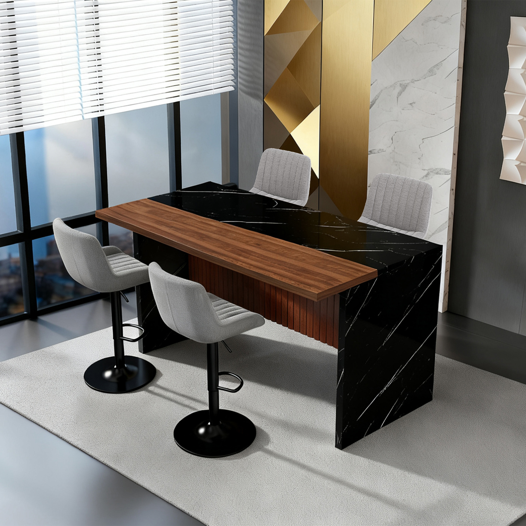 63" Modern Kitchen Island Set with LED Lighting & Marble Look - Walnut/Black Dining Table with 4 Gray Bar Stools