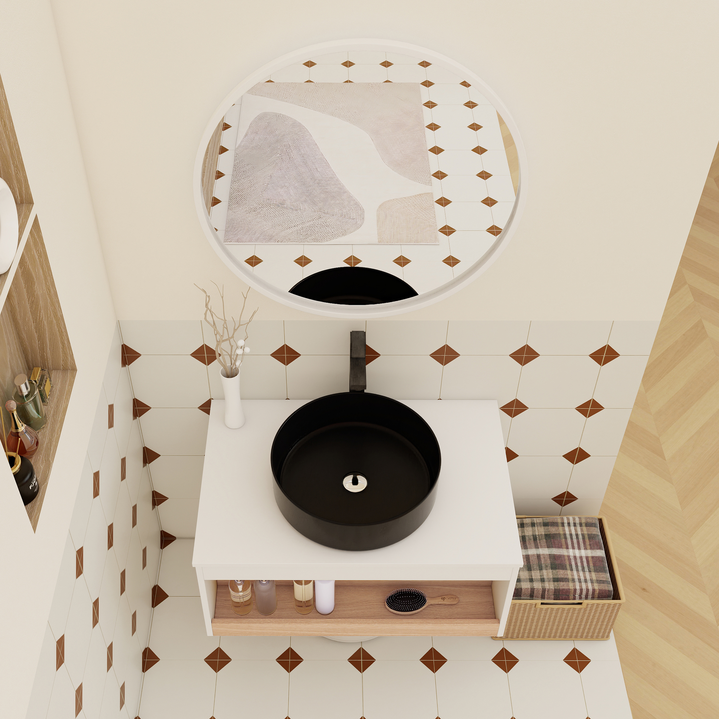 30" Modern Floating Bathroom Vanity with Matte Black Round Vessel Sink, White & Light Oak Wall-Mounted Cabinet with Open Storage