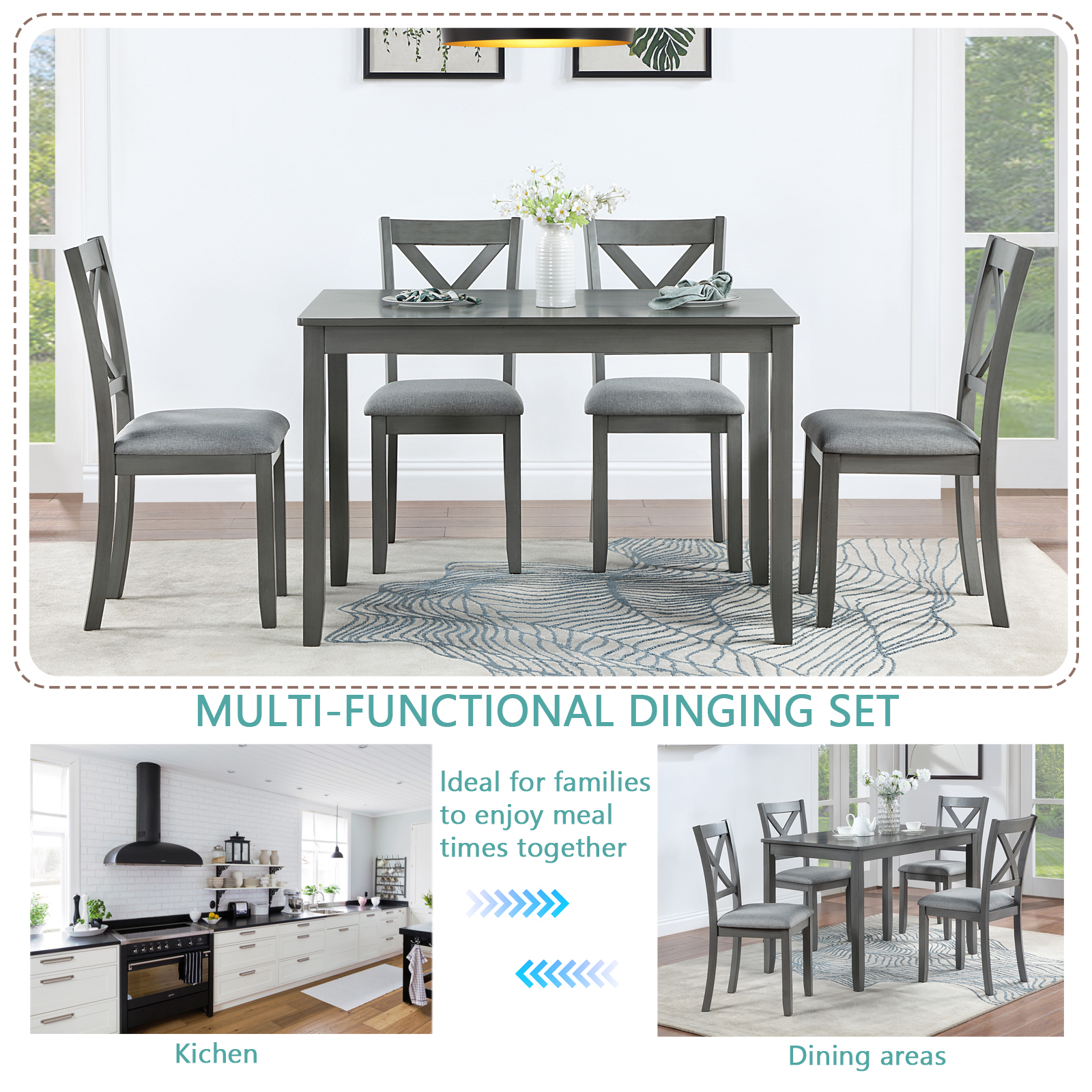 5-Piece Gray Acacia Wood Dining Set for 4 - Modern Rectangular Kitchen Table & Chairs