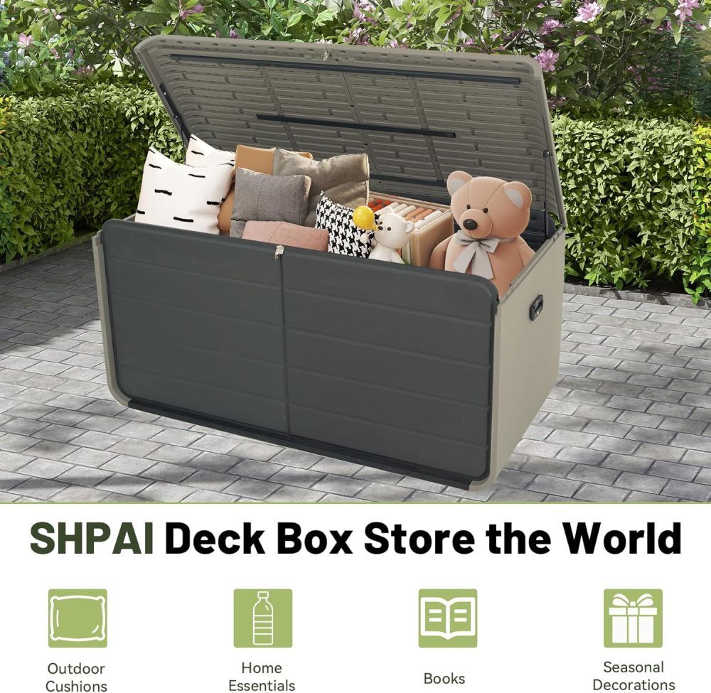 160 Gallon Large Resin Deck Box, Heavy-Duty Waterproof Outdoor Storage Chest with Hydraulic Lift & Lockable Lid for Patio Furniture, Pool Supplies & Garden Tools