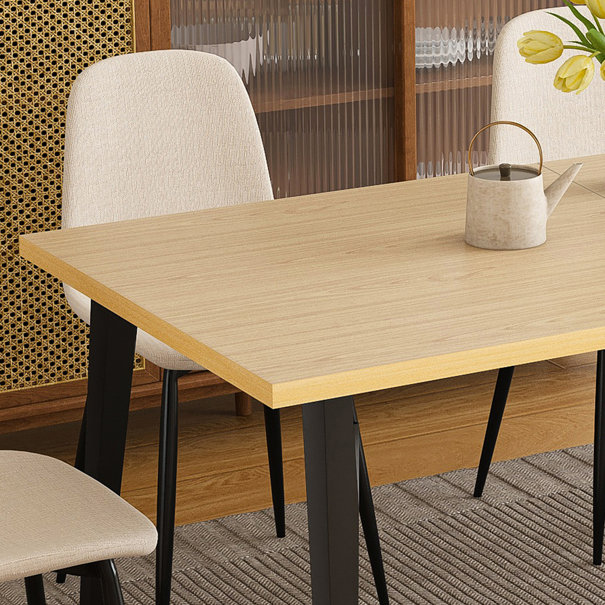 63-Inch Farmhouse Industrial Dining Table Set with 4 Beige Chairs, Rust-Resistant Iron Legs & Rectangular Kitchen Table for Dining Room