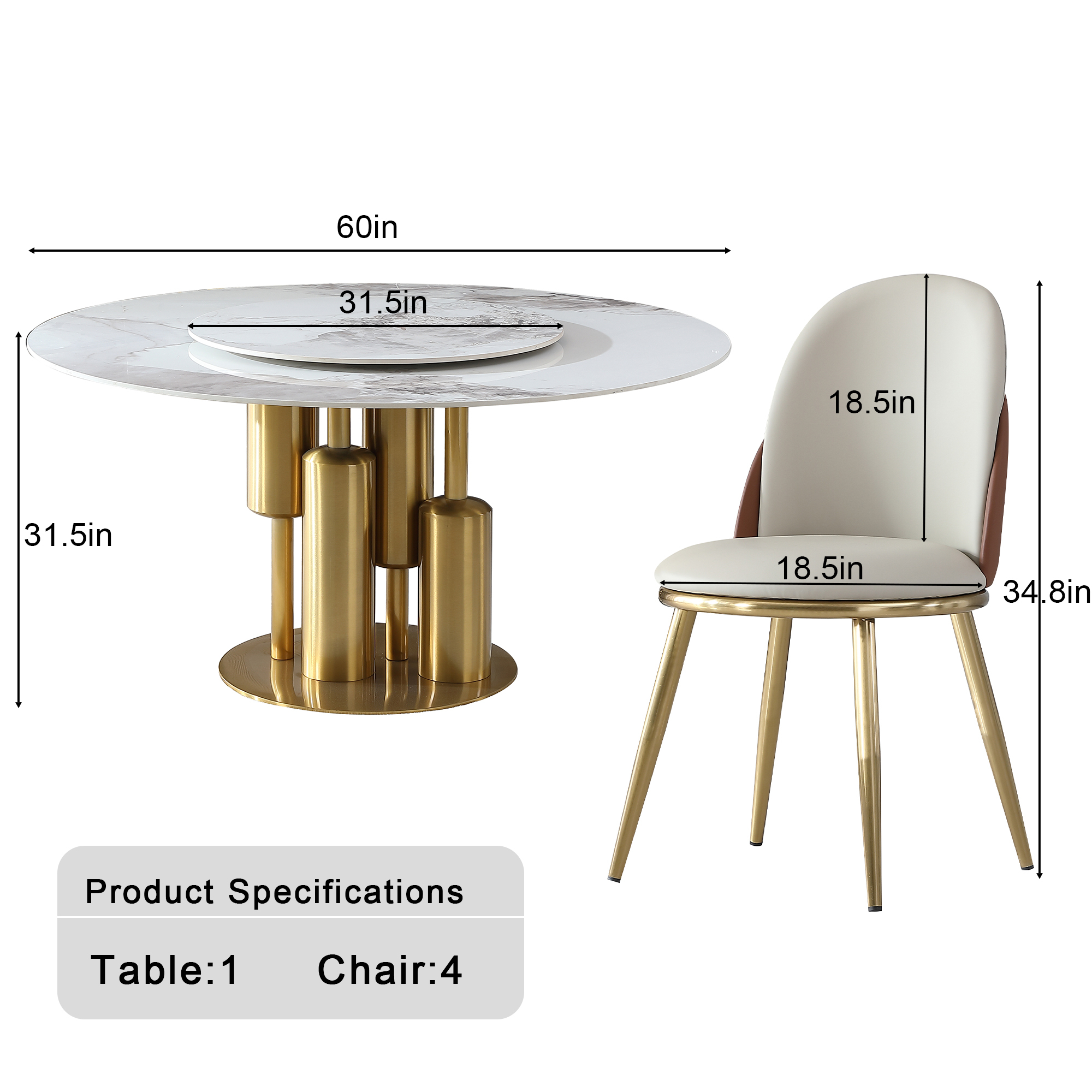 59" Round Sintered Stone Dining Table Set with Lazy Susan, Luxury Gold Pedestal Base & 4 Modern Chairs
