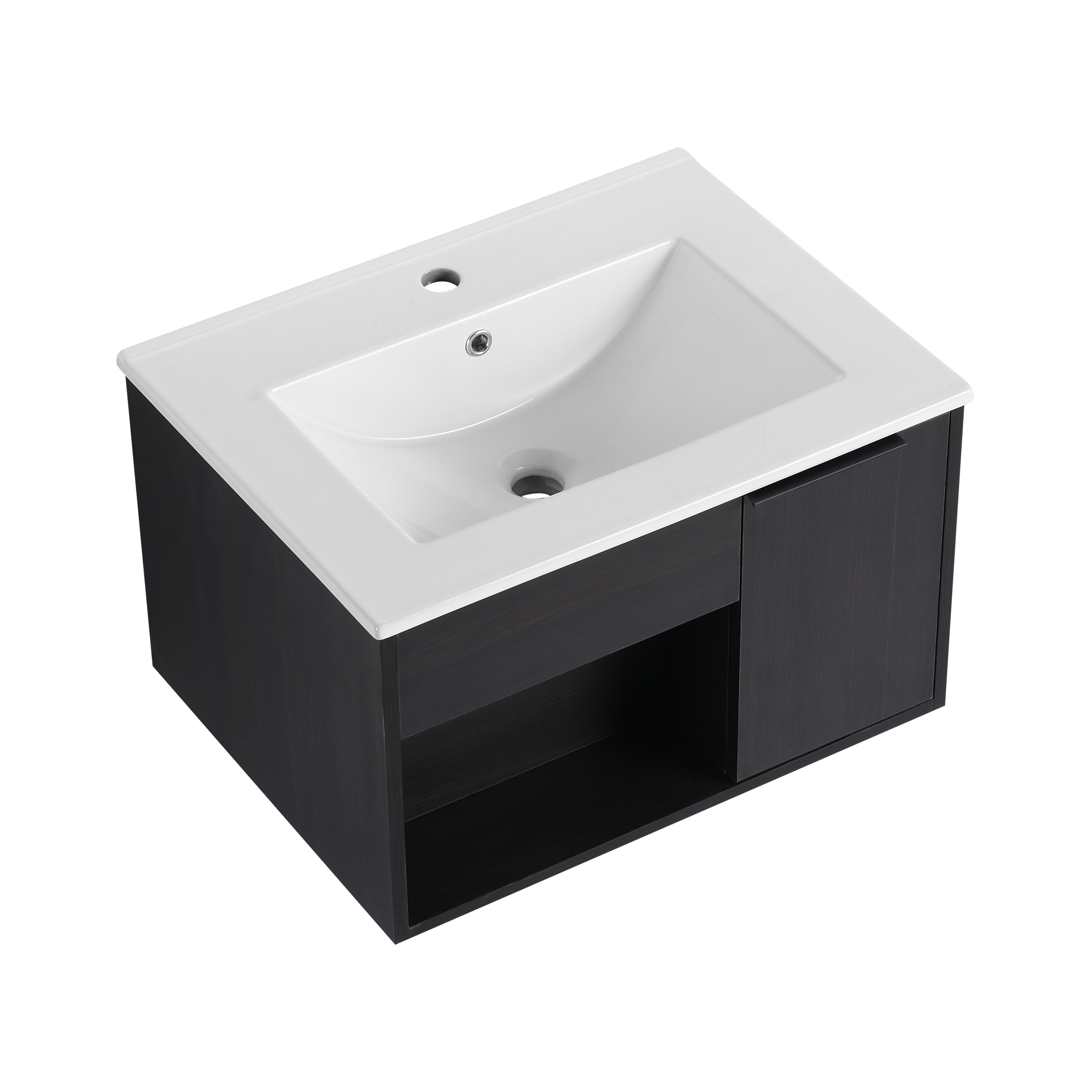 24" Wall-Mounted Floating Bathroom Vanity with Ceramic Sink - Modern Dark Oak Engineered Wood Cabinet, Space-Saving Design for Small Bathrooms