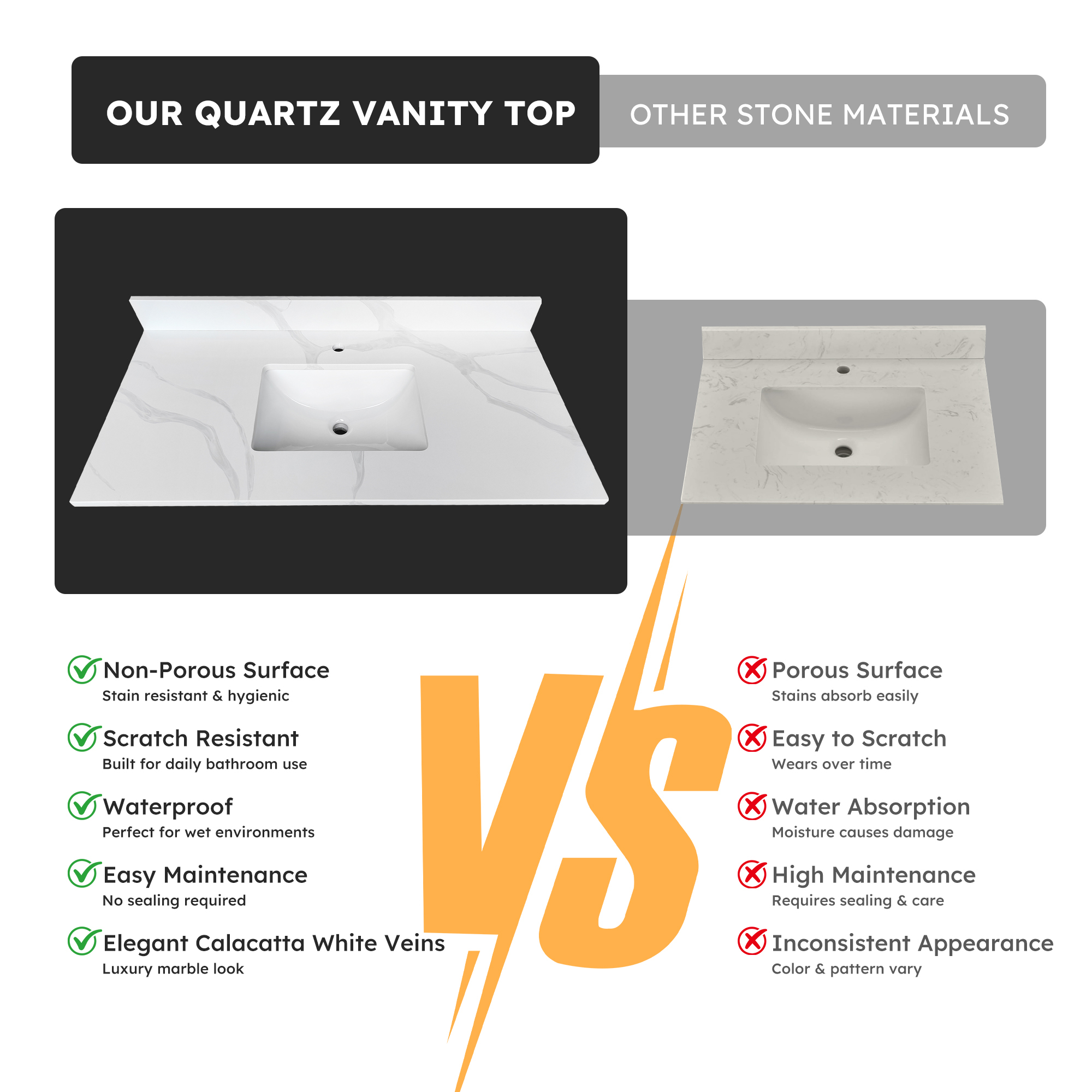 43" Carrara White Quartz Bathroom Vanity Top with Undermount Sink, 4" Backsplash & Pre-Drilled Faucet Hole
