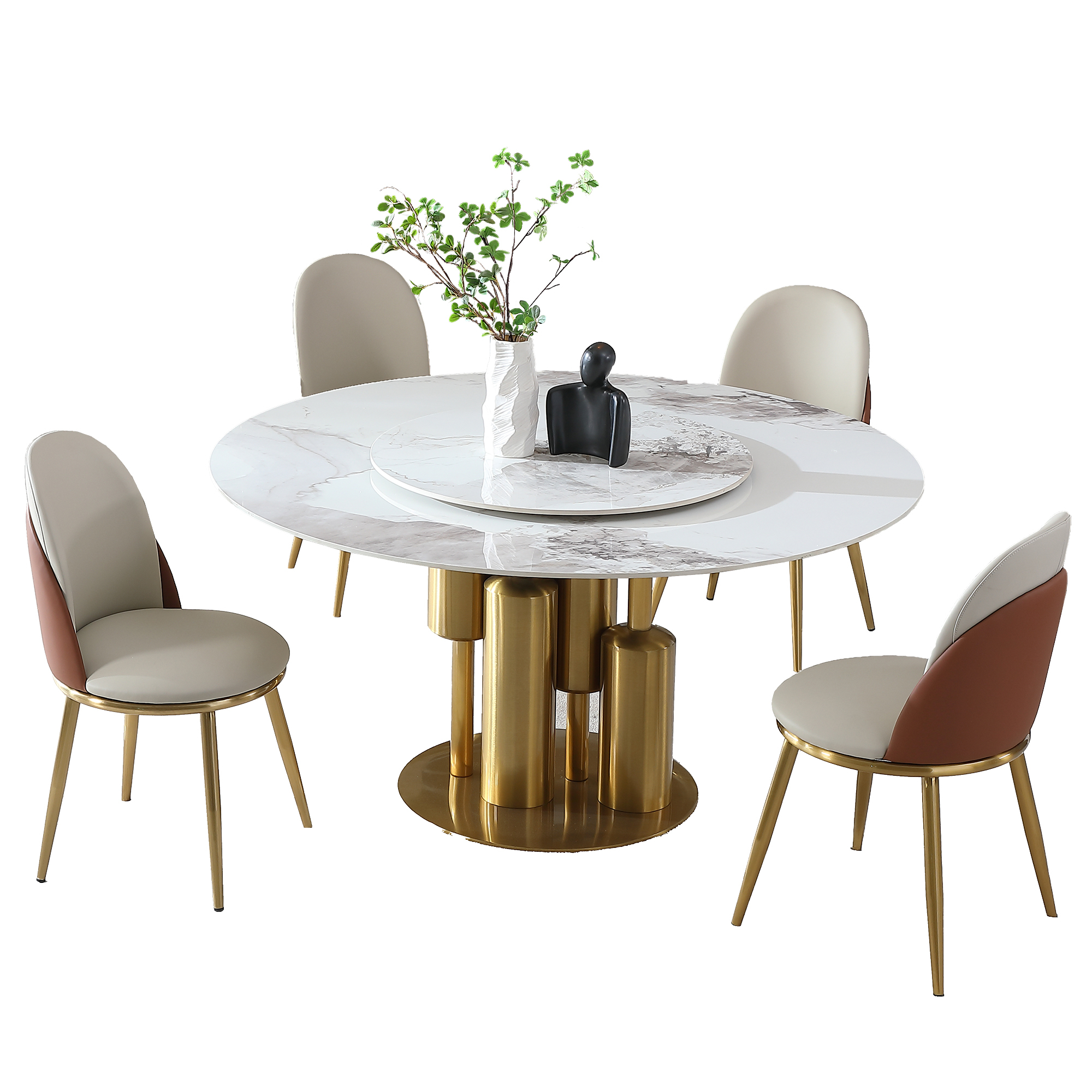 59" Round Sintered Stone Dining Table Set with Lazy Susan, Luxury Gold Pedestal Base & 4 Modern Chairs