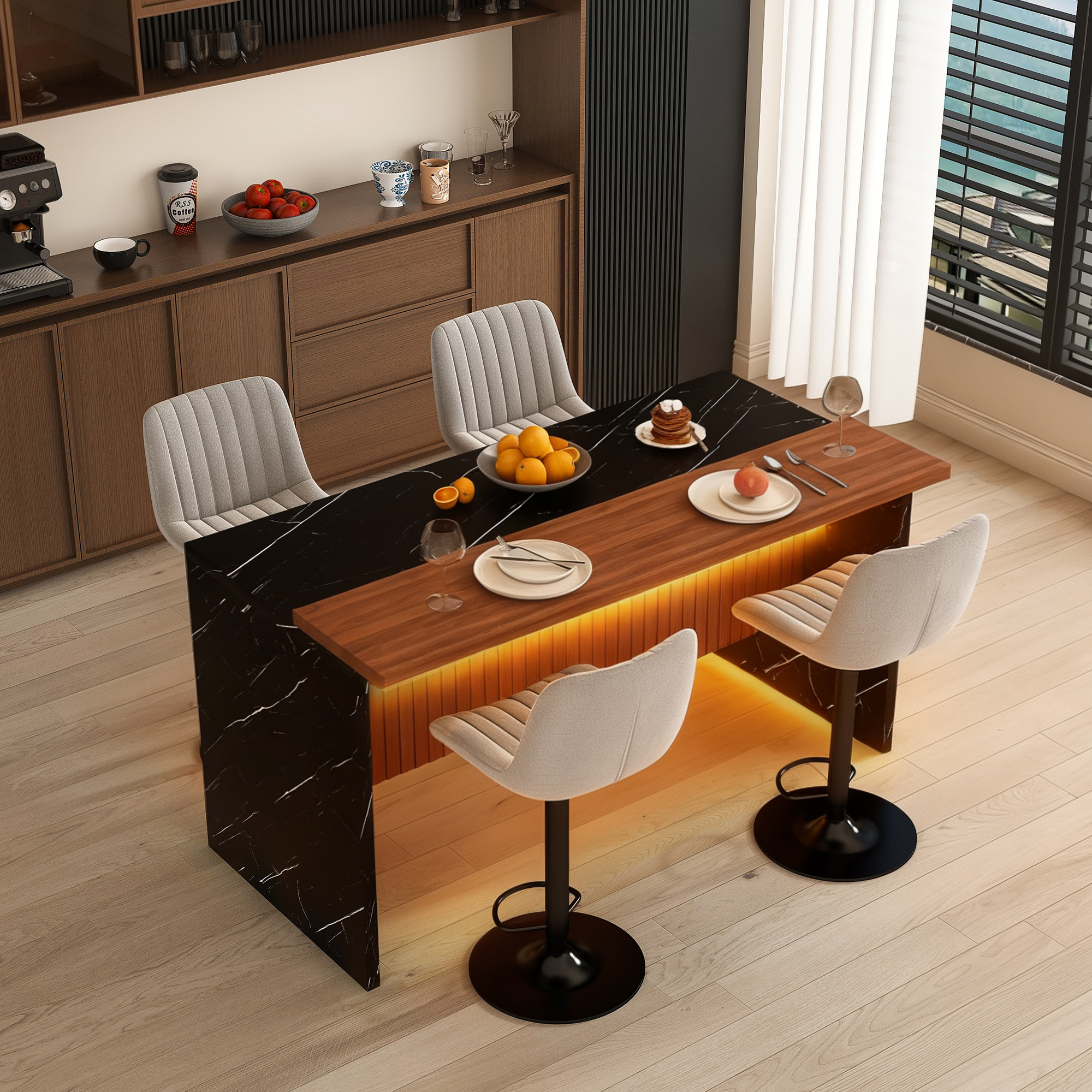 63" Modern Kitchen Island Set with LED Lighting & Marble Look - Walnut/Black Dining Table with 4 Gray Bar Stools