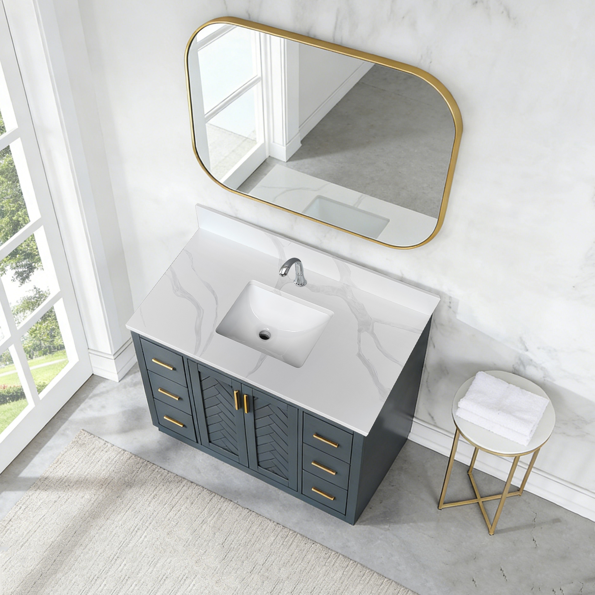 43" Carrara White Quartz Bathroom Vanity Top with Undermount Sink, 4" Backsplash & Pre-Drilled Faucet Hole