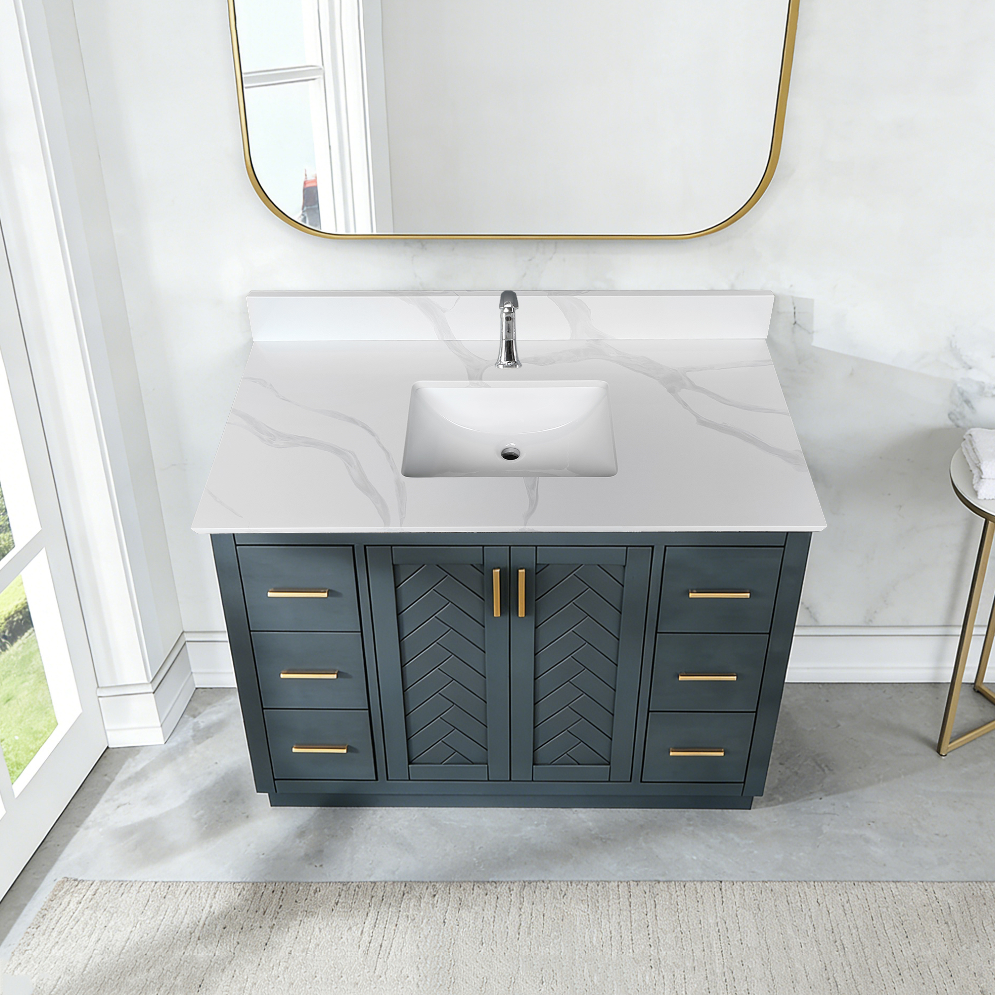 43" Carrara White Quartz Bathroom Vanity Top with Undermount Sink, 4" Backsplash & Pre-Drilled Faucet Hole