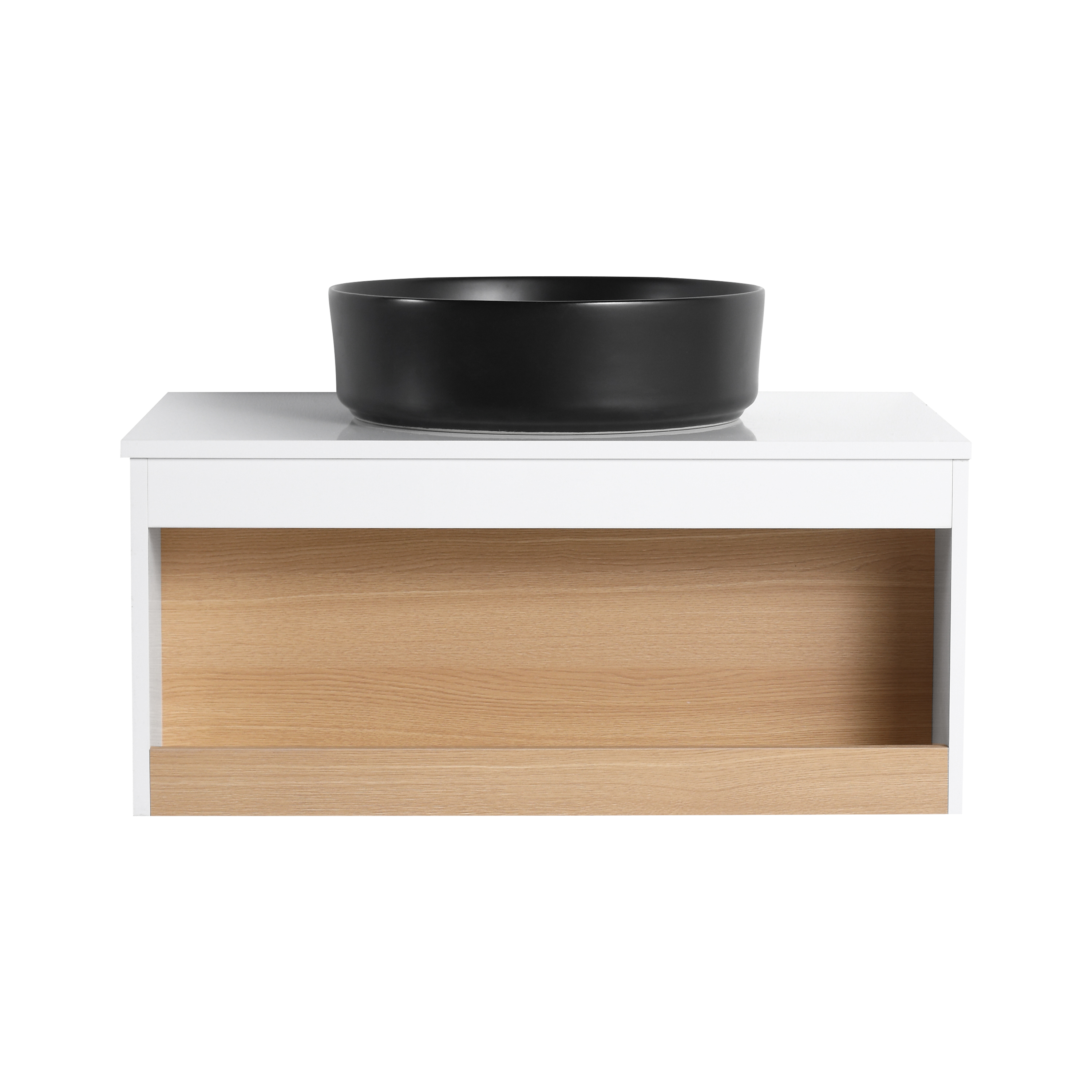 30" Modern Floating Bathroom Vanity with Matte Black Round Vessel Sink, White & Light Oak Wall-Mounted Cabinet with Open Storage