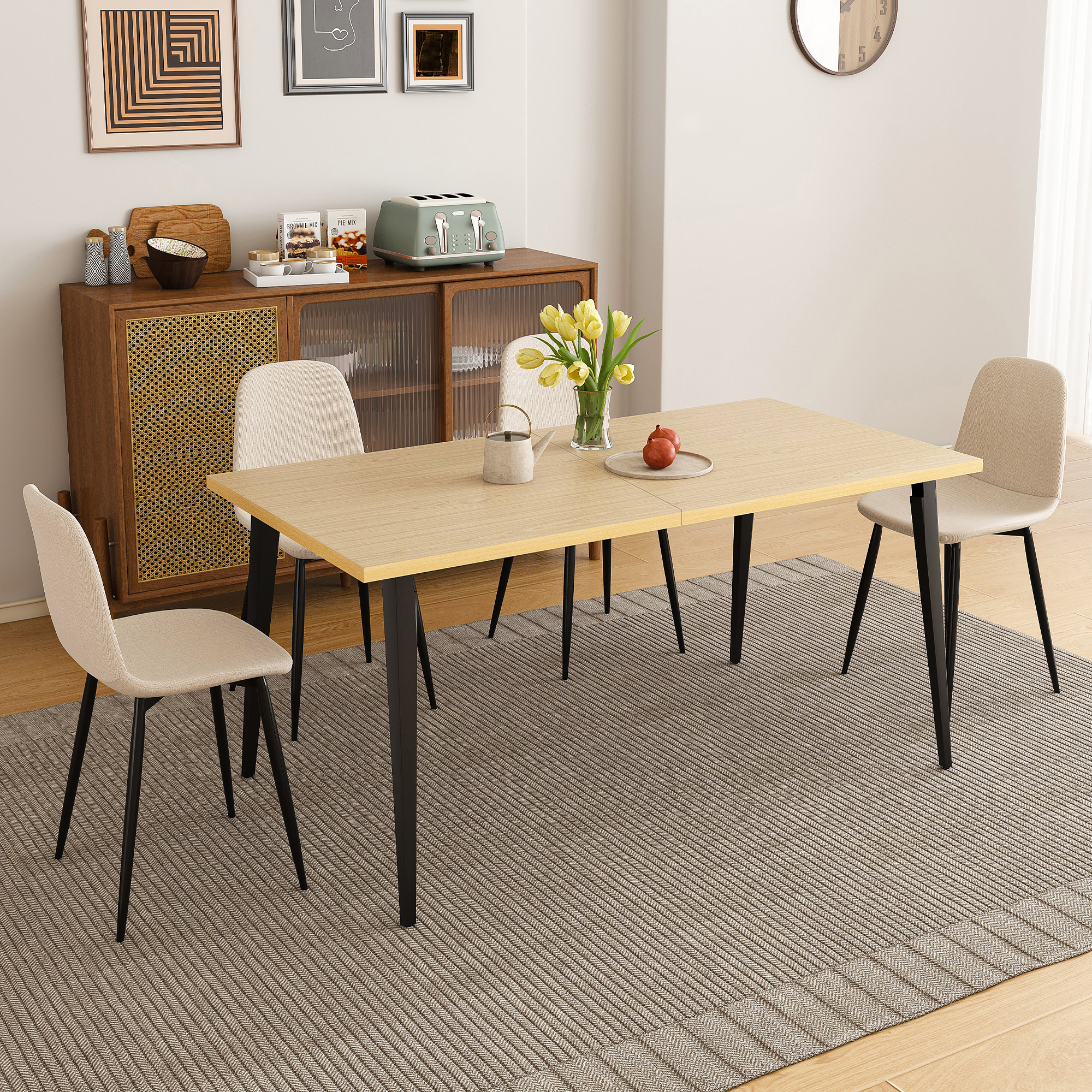 63-Inch Farmhouse Industrial Dining Table Set with 4 Beige Chairs, Rust-Resistant Iron Legs & Rectangular Kitchen Table for Dining Room