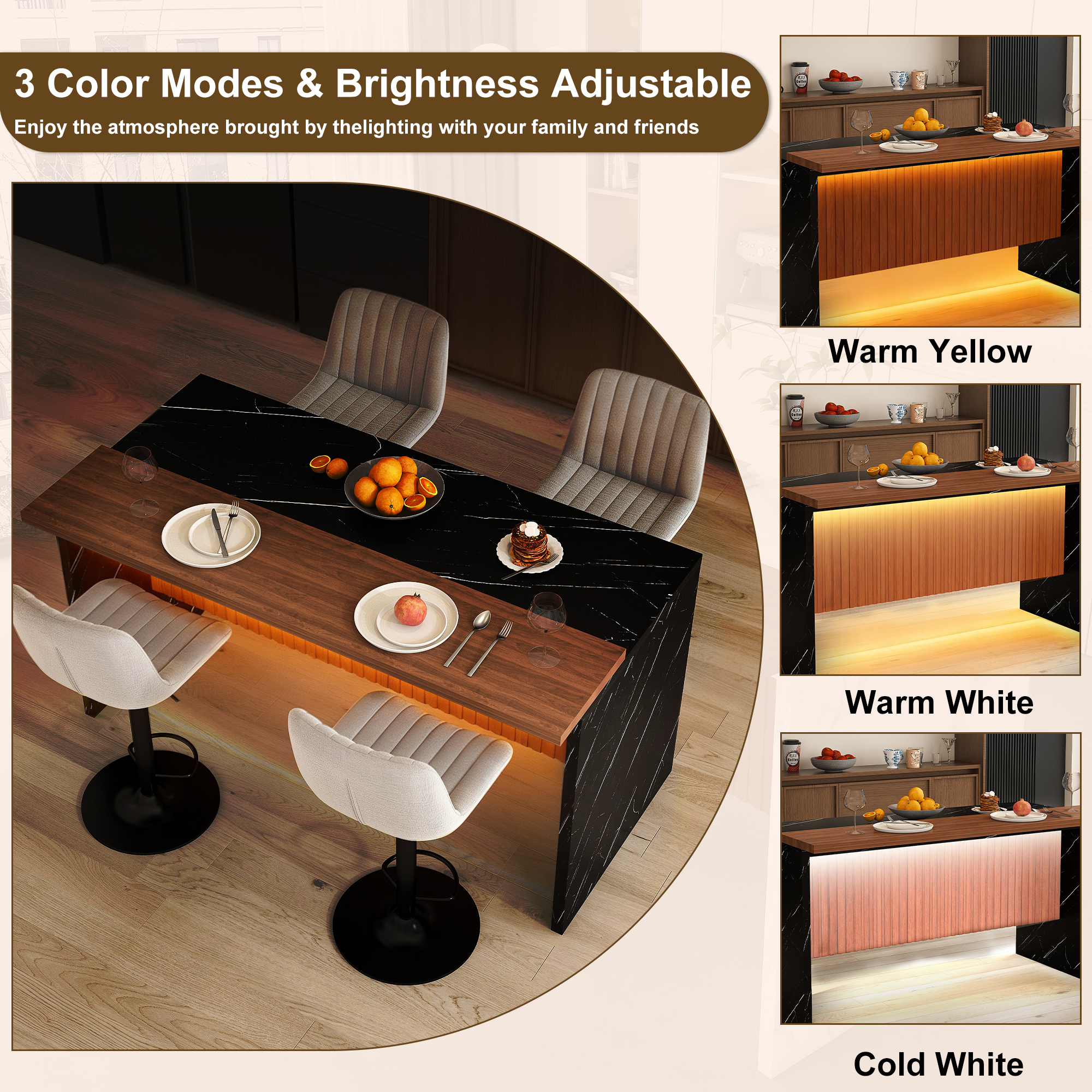 63" Modern Kitchen Island Set with LED Lighting & Marble Look - Walnut/Black Dining Table with 4 Gray Bar Stools
